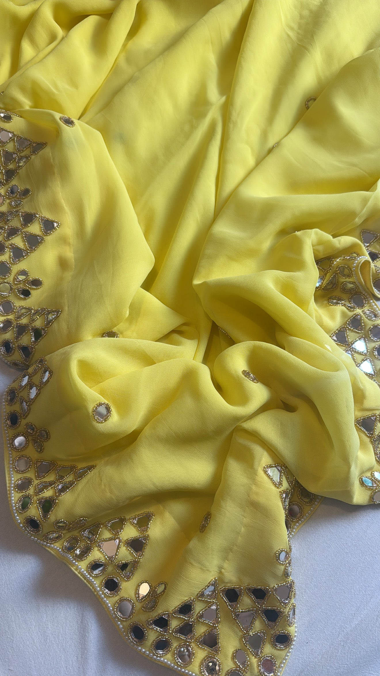 Mother’s Day offer - Lime yellow chiffon gorgette mirrorwork hand embroidered sarees