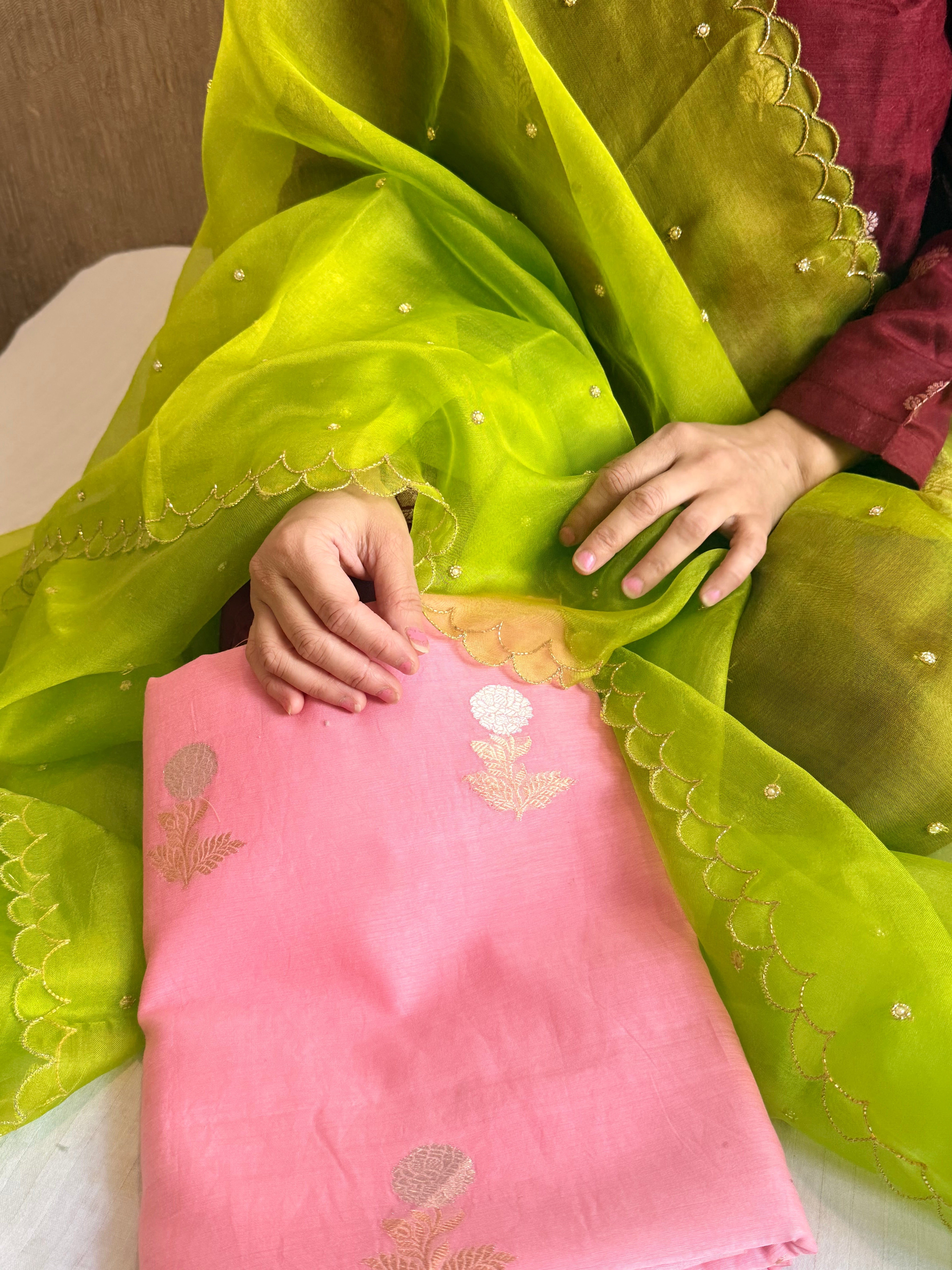 Handloom cotton sona rupa kurta paired with kora silk scalloped duppata set