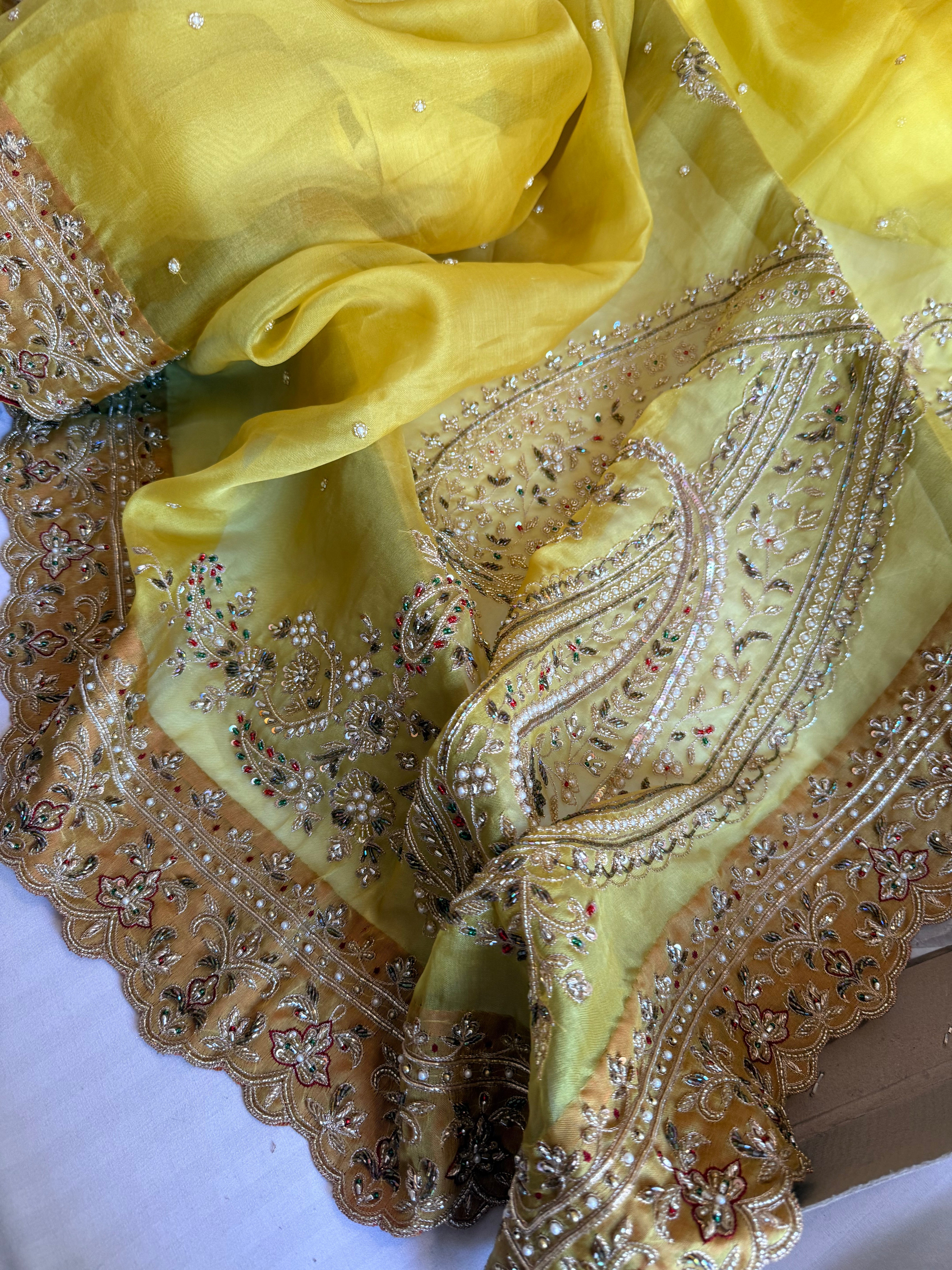 Mummy ki purani wali saree edit - Pineapple yellow kora silk kadhwa hand embroidered saree