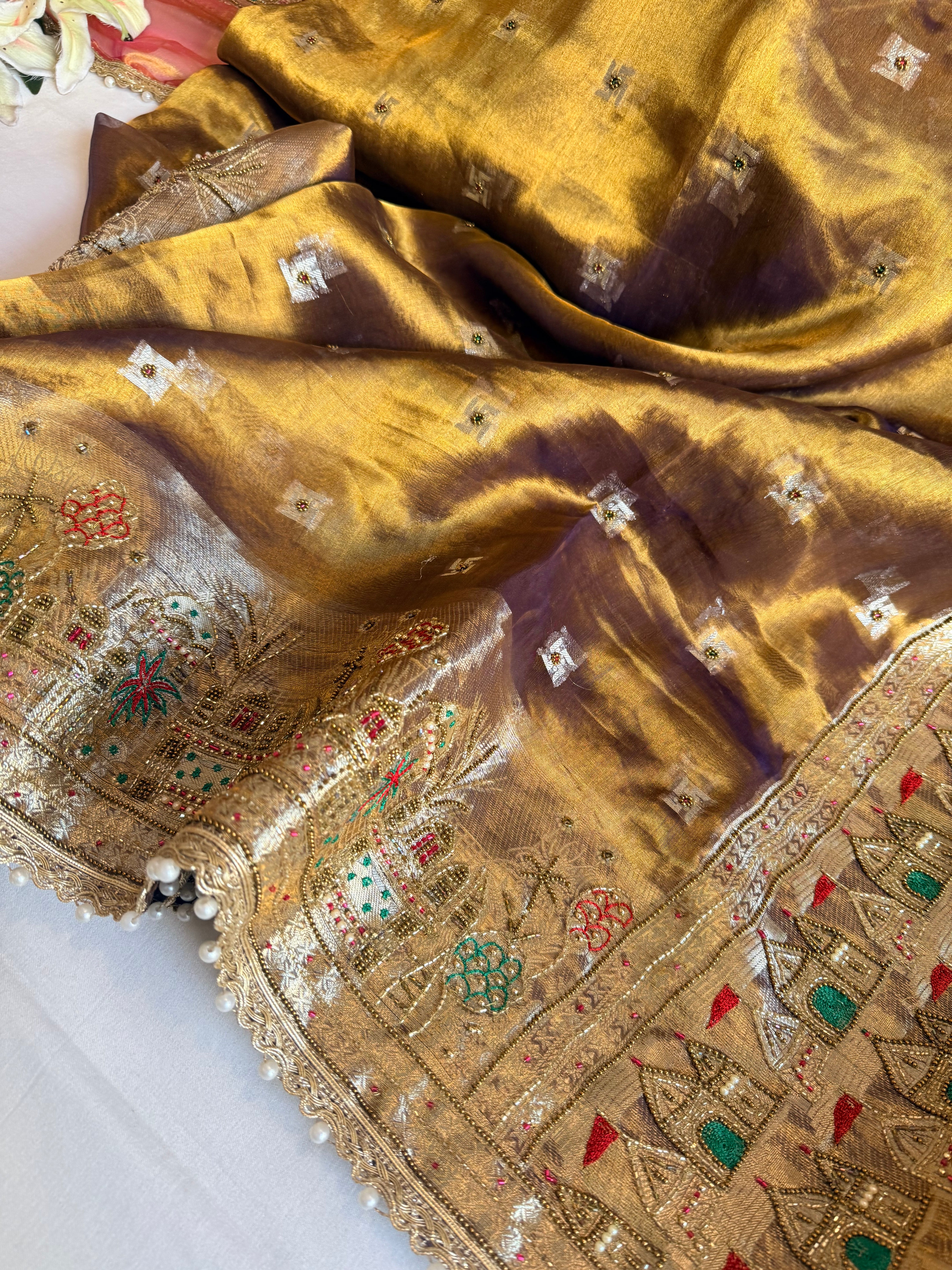Ganga-darshan edit - Tissue silk kanjivaram blue hand embroidered kadhwa saree