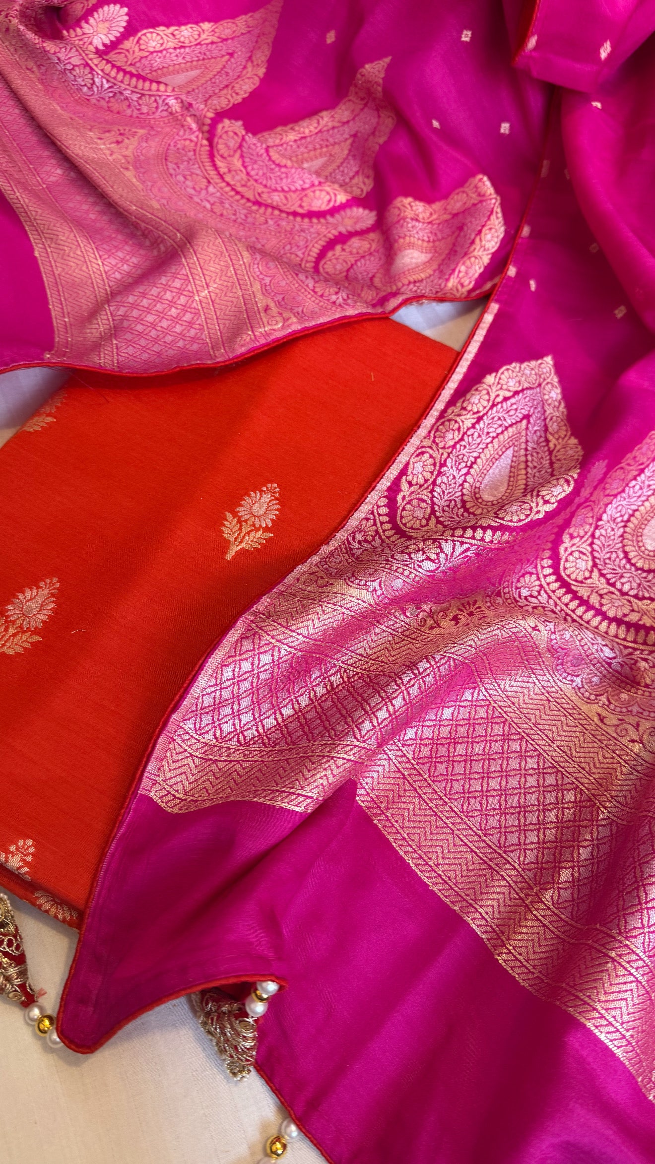 Moonga silk fanta orange - hot pink kadhwa suit set with latkans