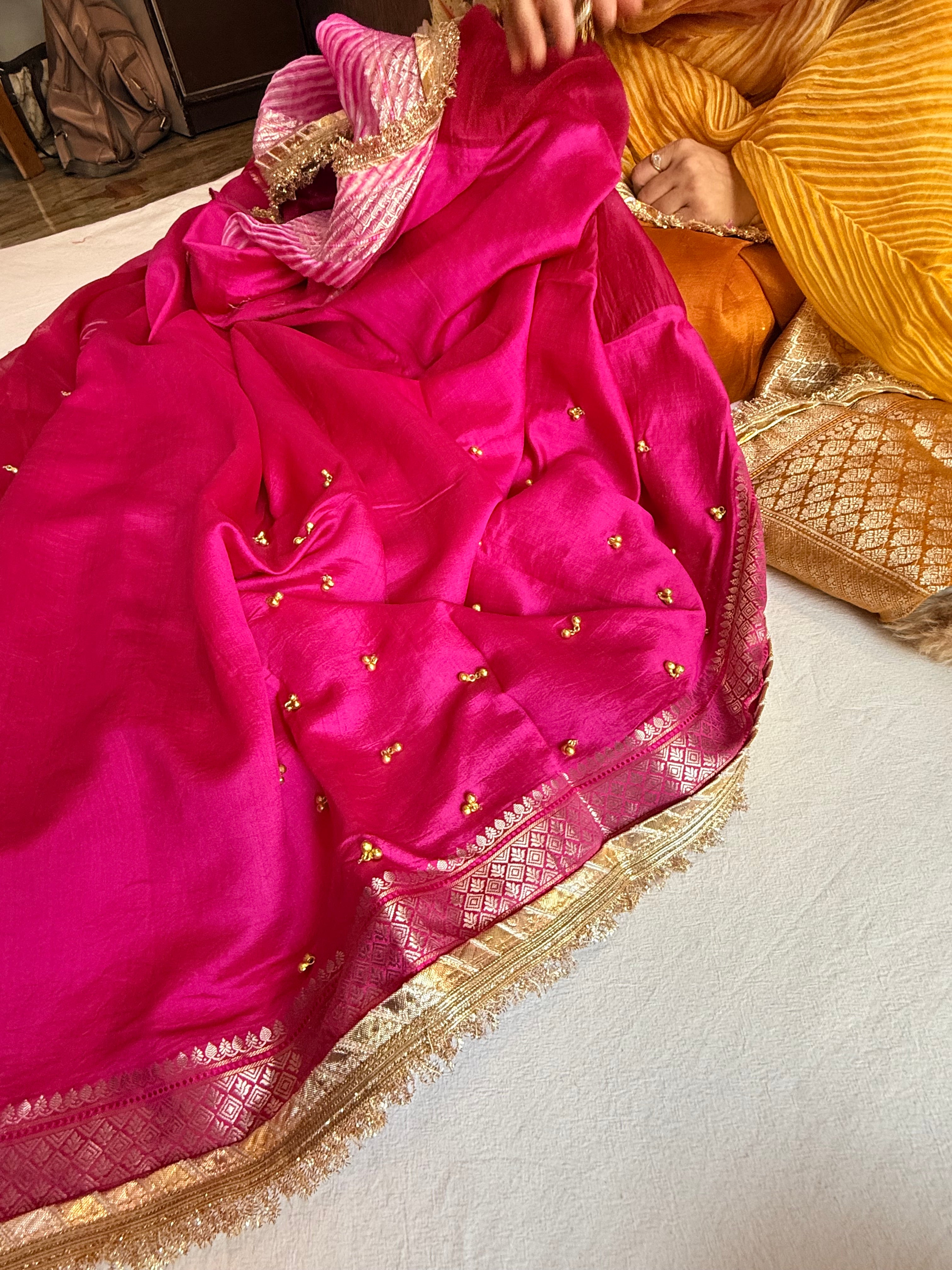 Arshi dye ghungro work kora silk banarasi kadhwa weaving saree