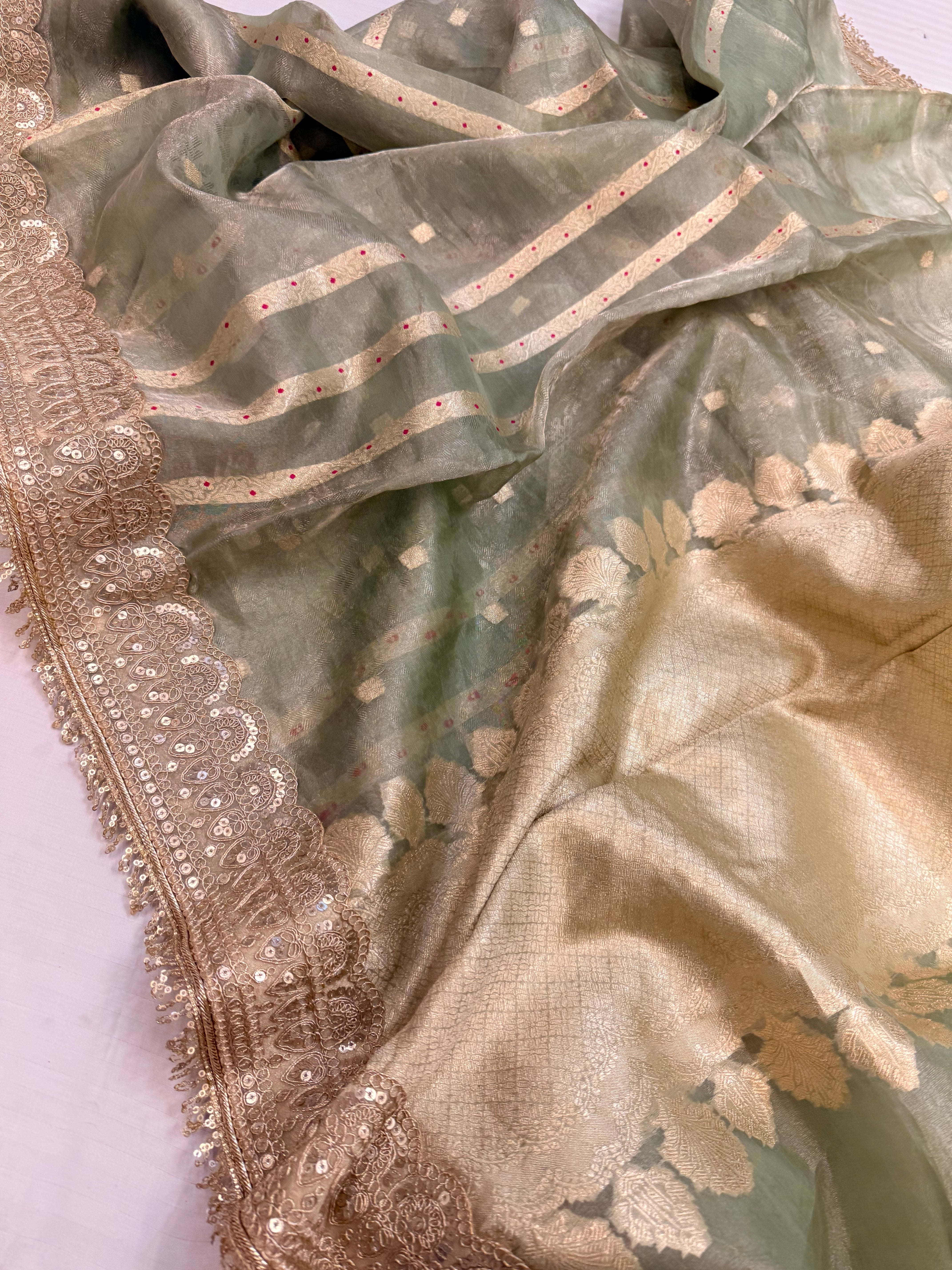 Mint green tissue silk kadhwa gotapatti meenakari saree