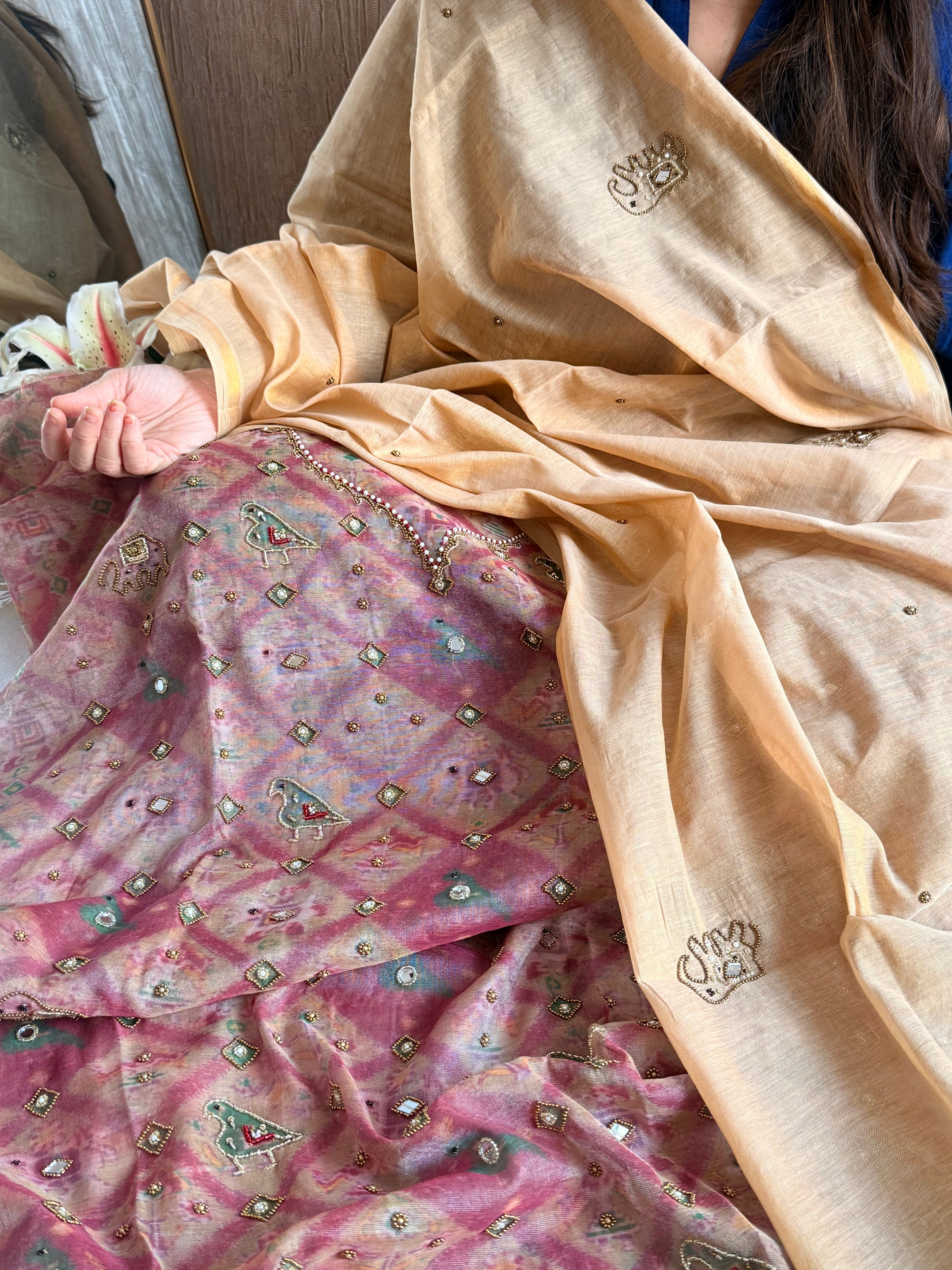 Patola weaving hand embroidered mul cotton tissue suit sets