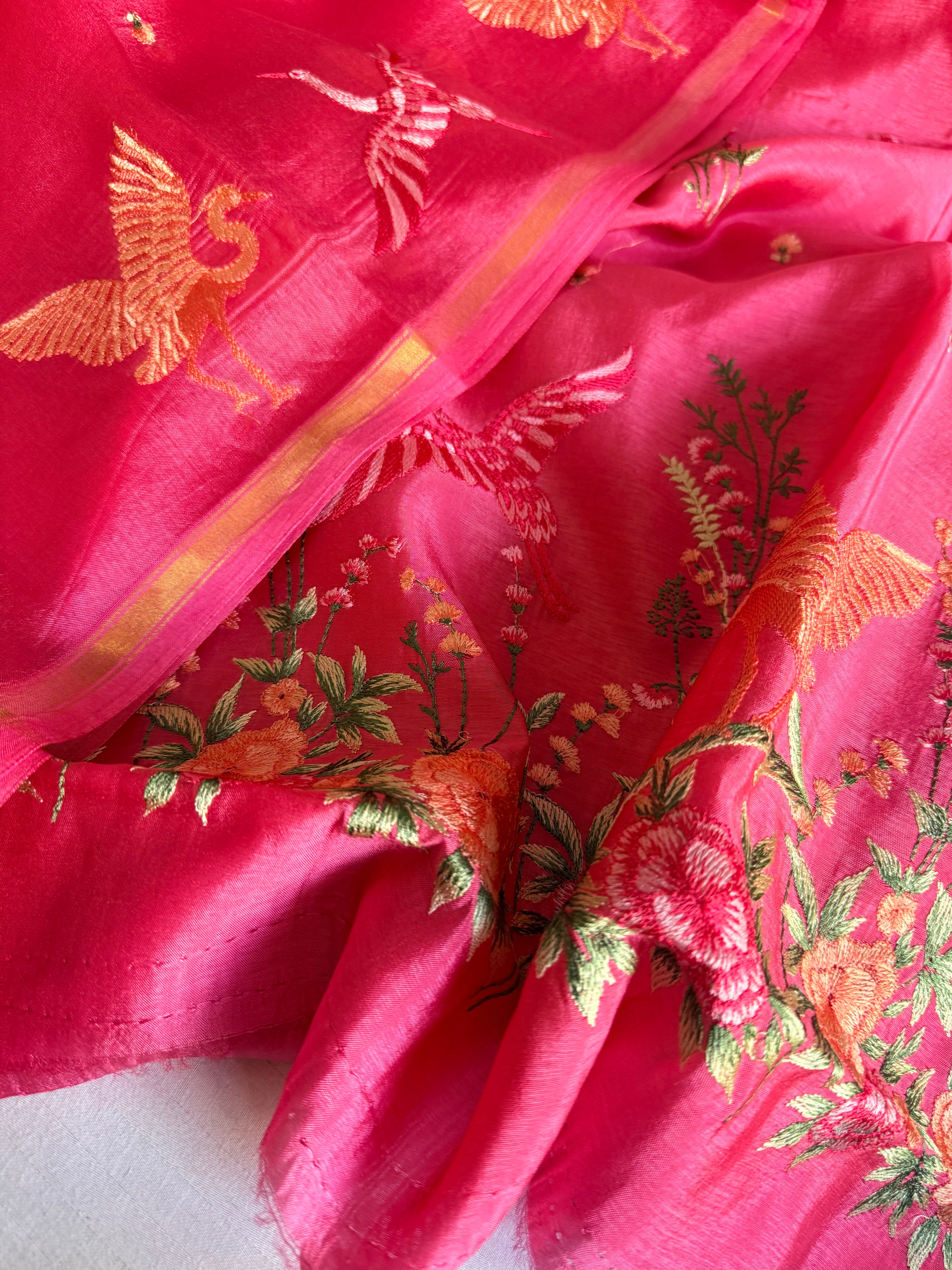 Suits under 10k - Spun chiniya silk parsi gara hand embroidered suit set