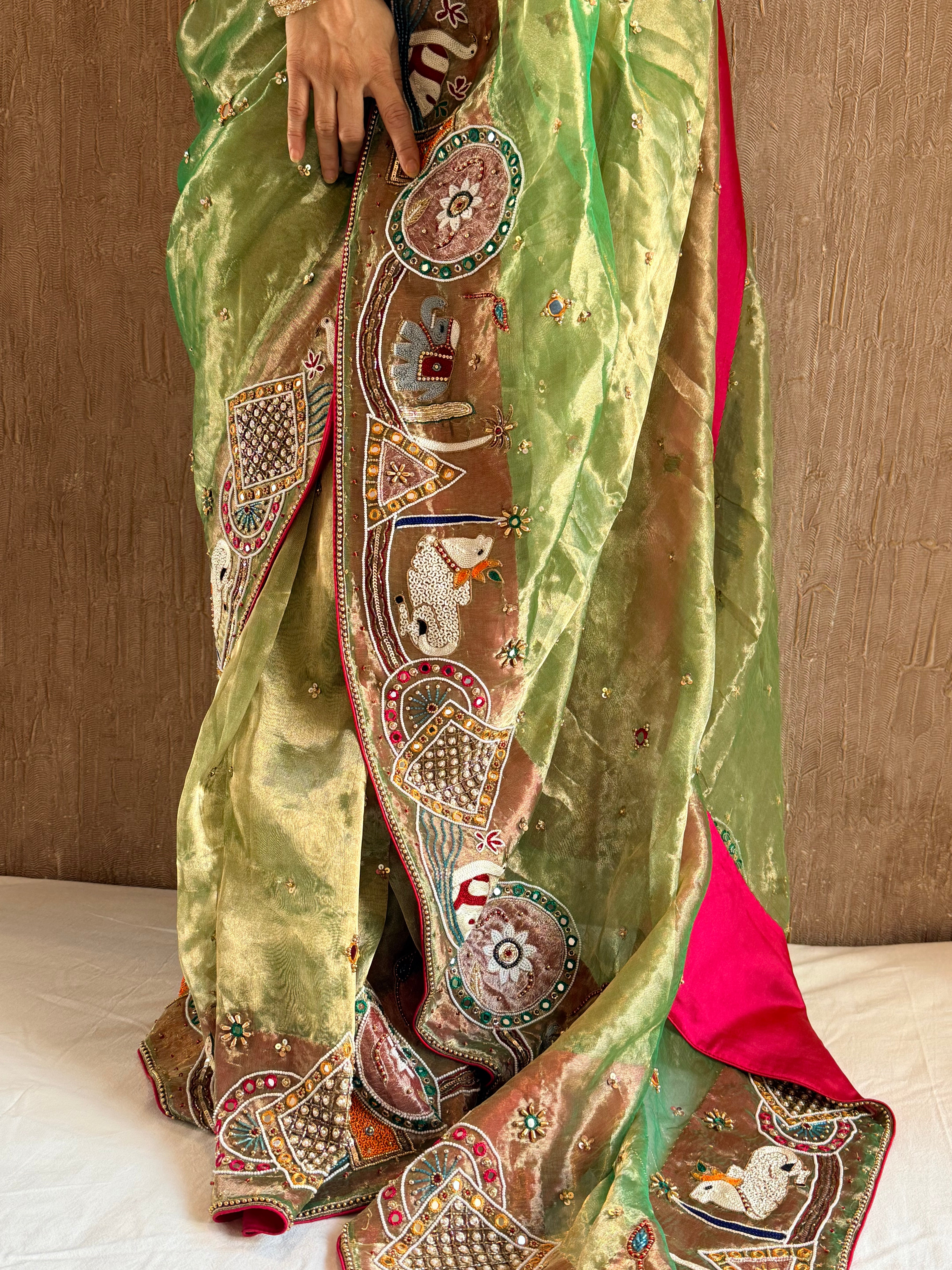 Godbharai wali saree - Emerald green diamond tissue silk hand embroidered saree