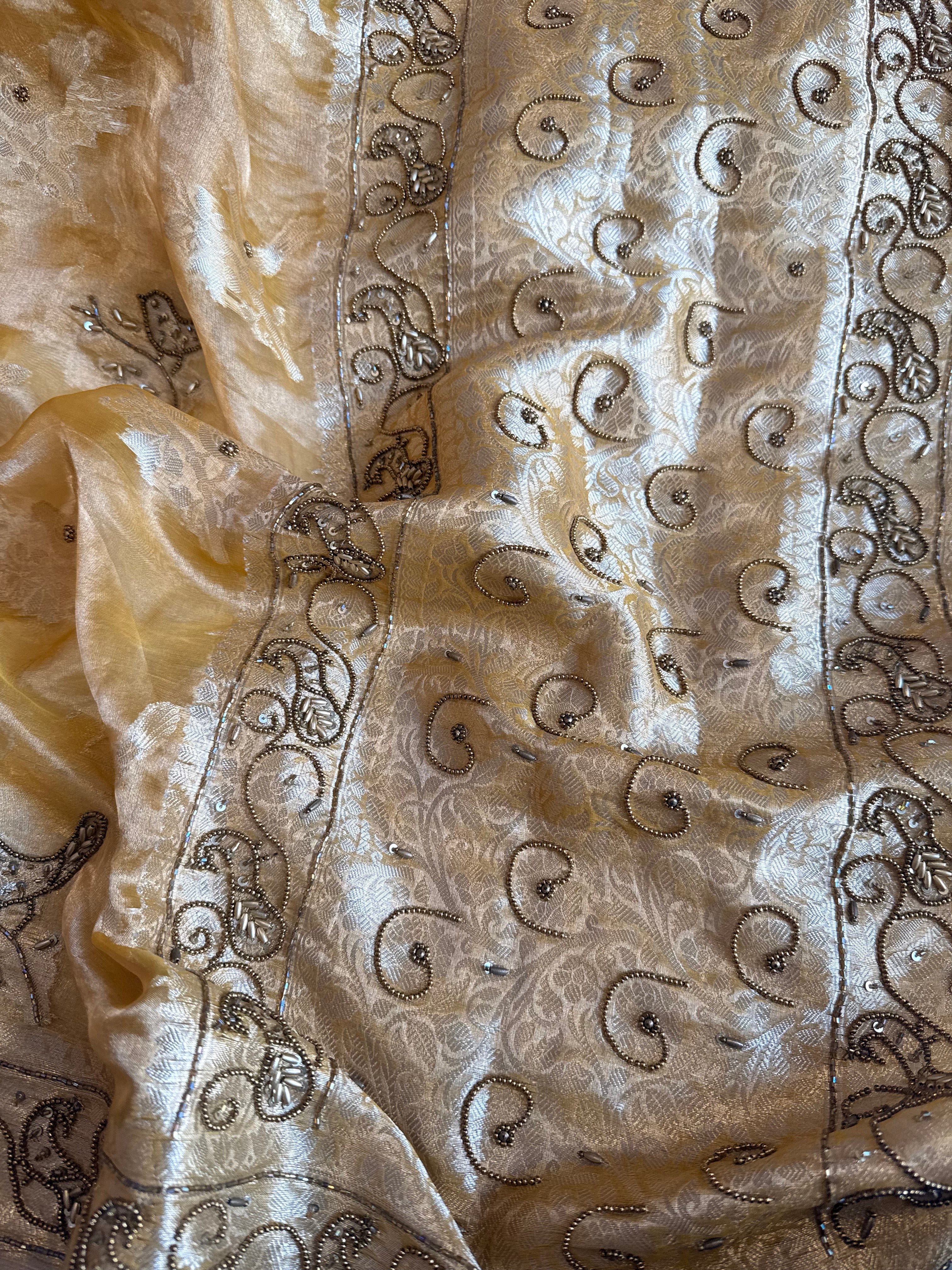 Chiraiya wali saree - Butter gold tissue silk figure motif weaving and hand embroidered saree
