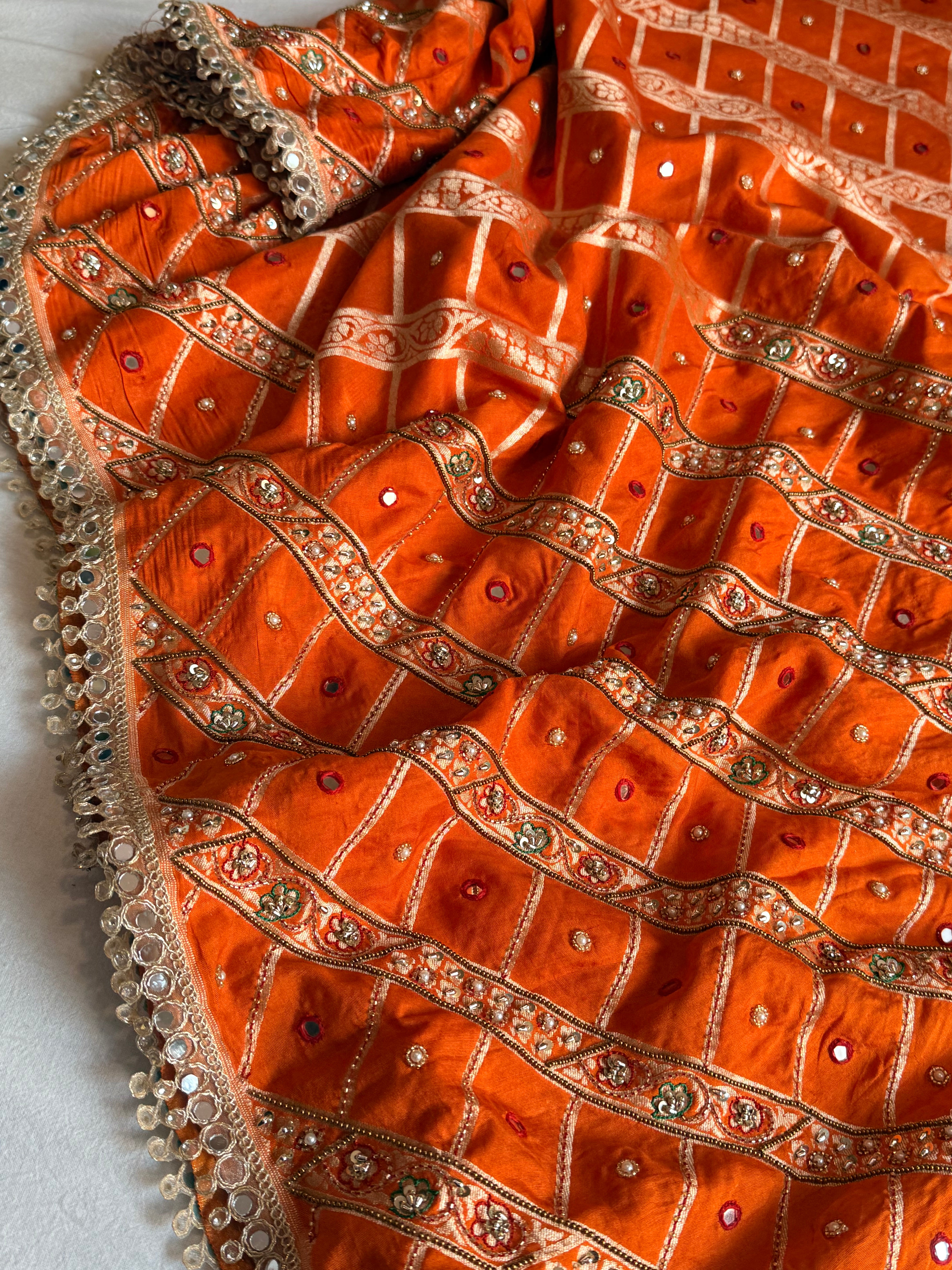 Spun chiniya silk mirrorwork hand embroidered banarasi saree