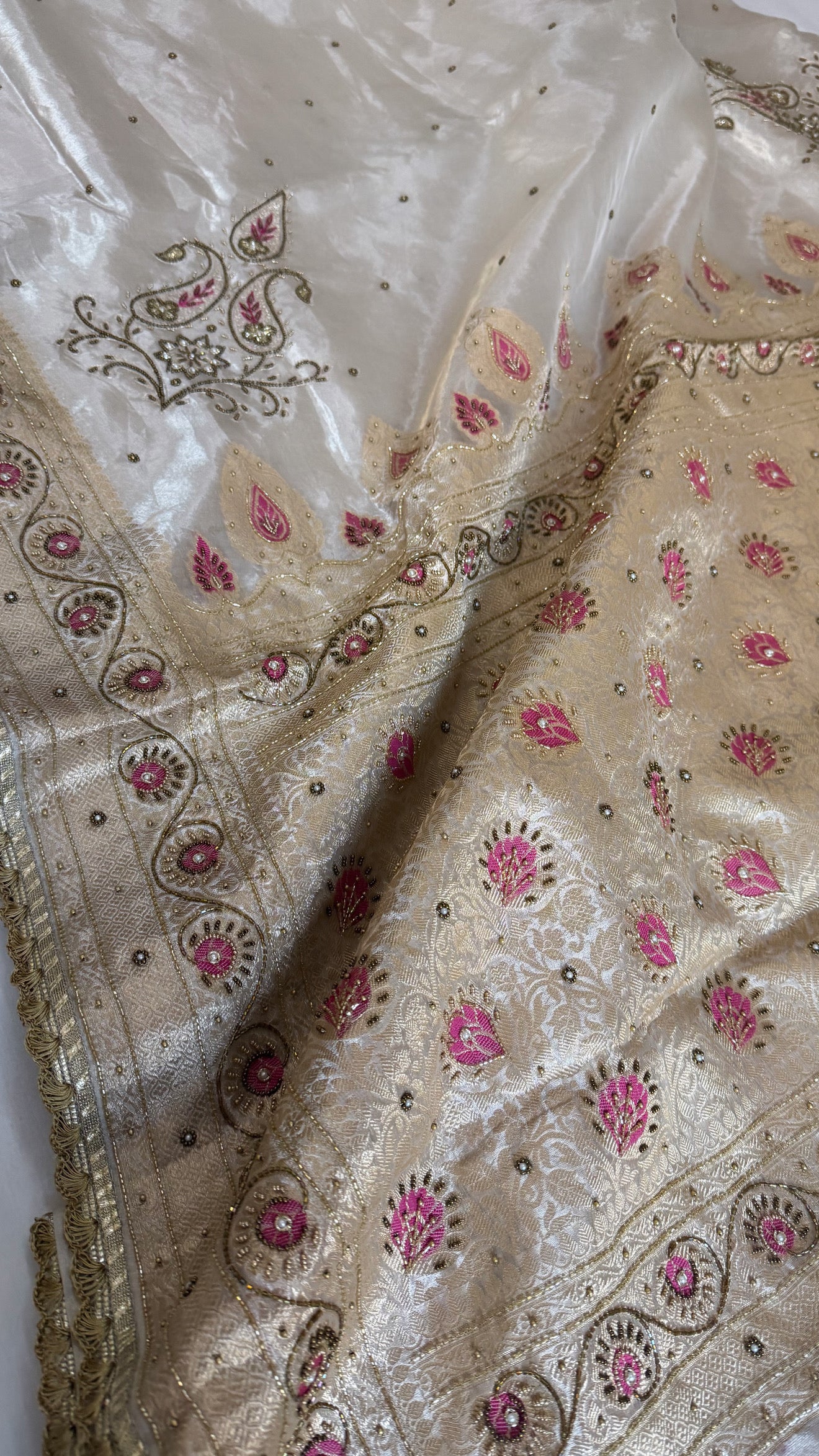 Moonlight silver diamond tissue silk pink meenakari hand embroidered kadhwa saree