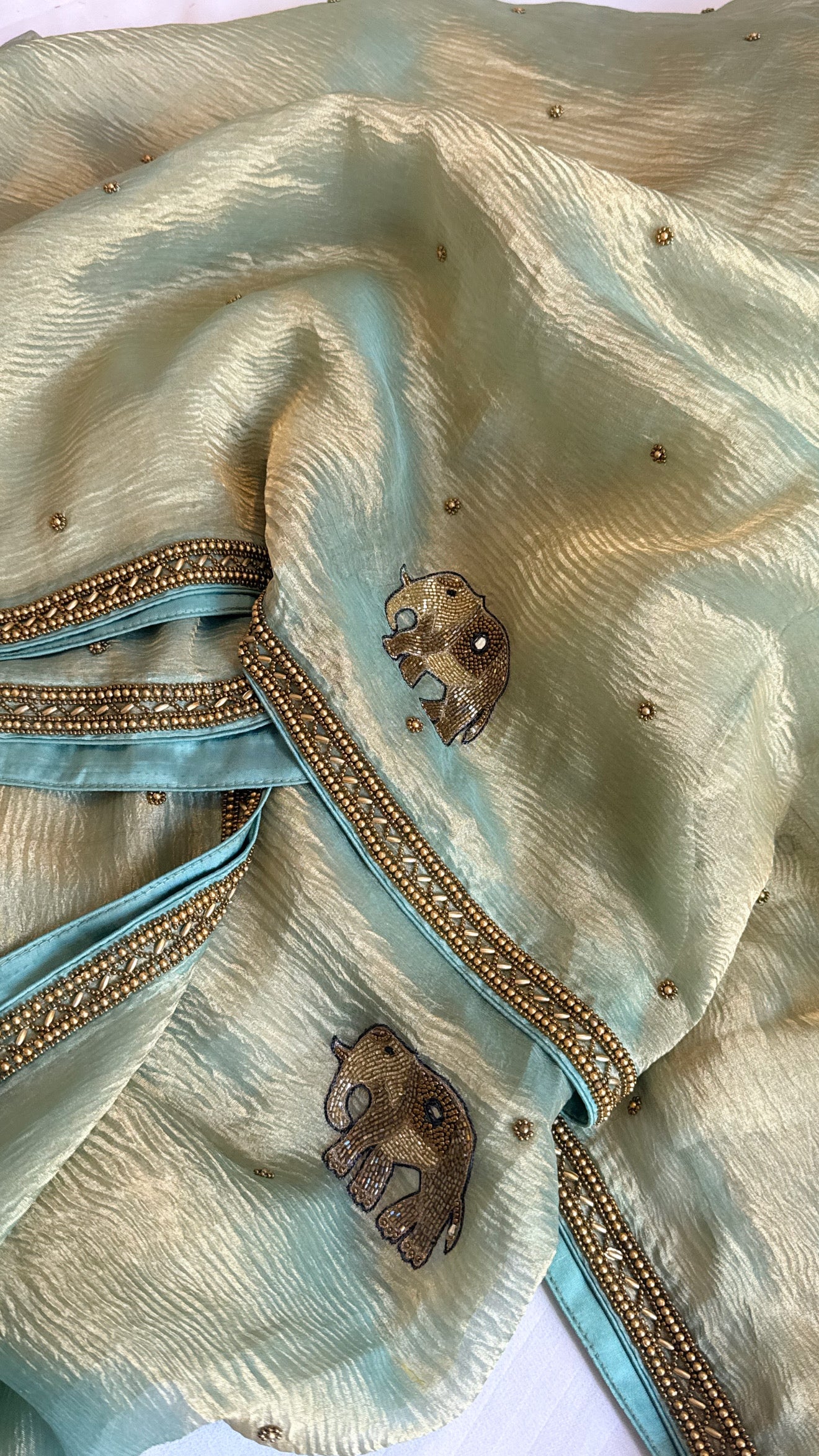 Mirrorwork edit gajri pink crushed tissue silk hand embroidered saree