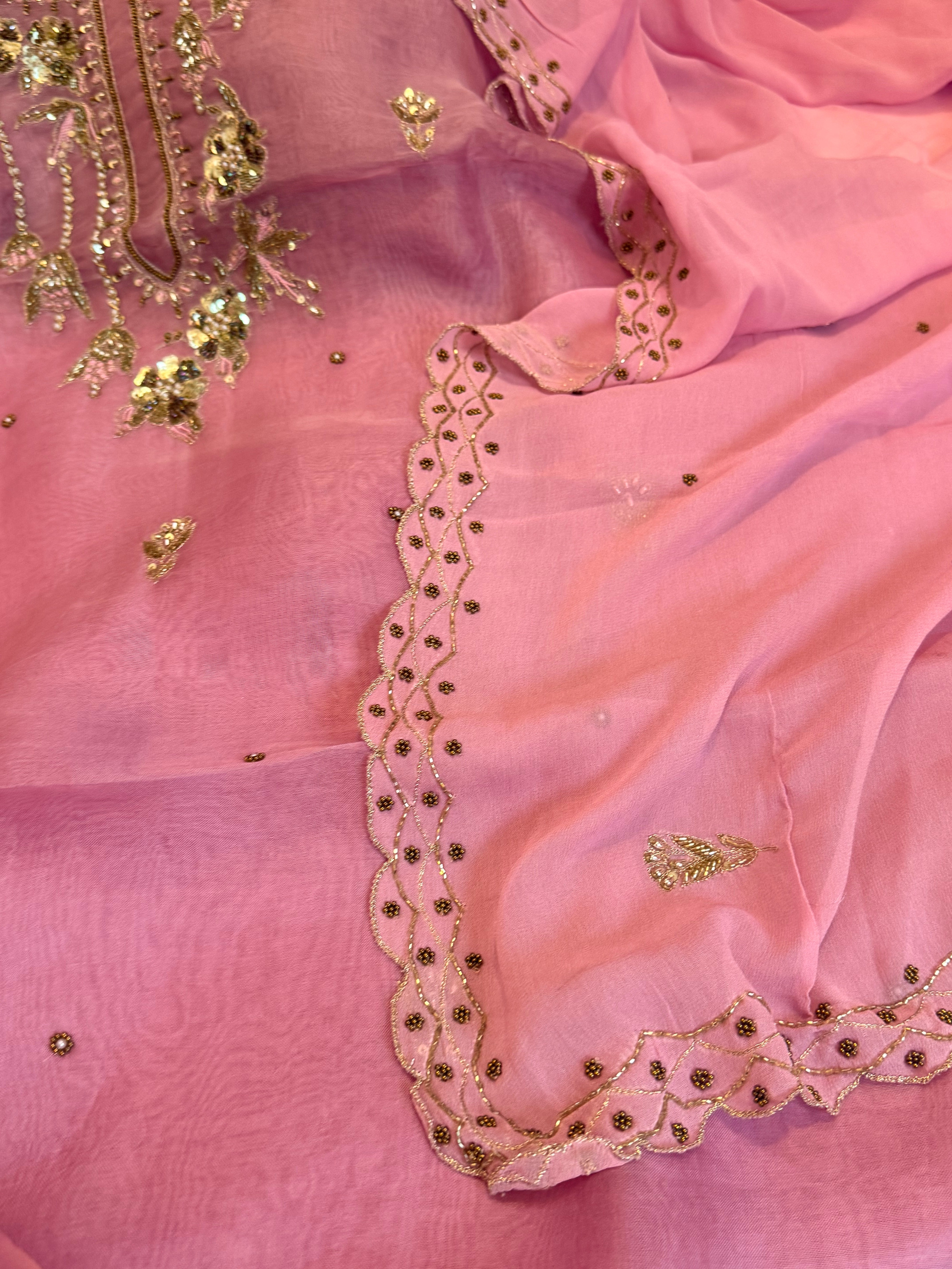 Blush pink kora silk gotapatti hand embroidered suit set