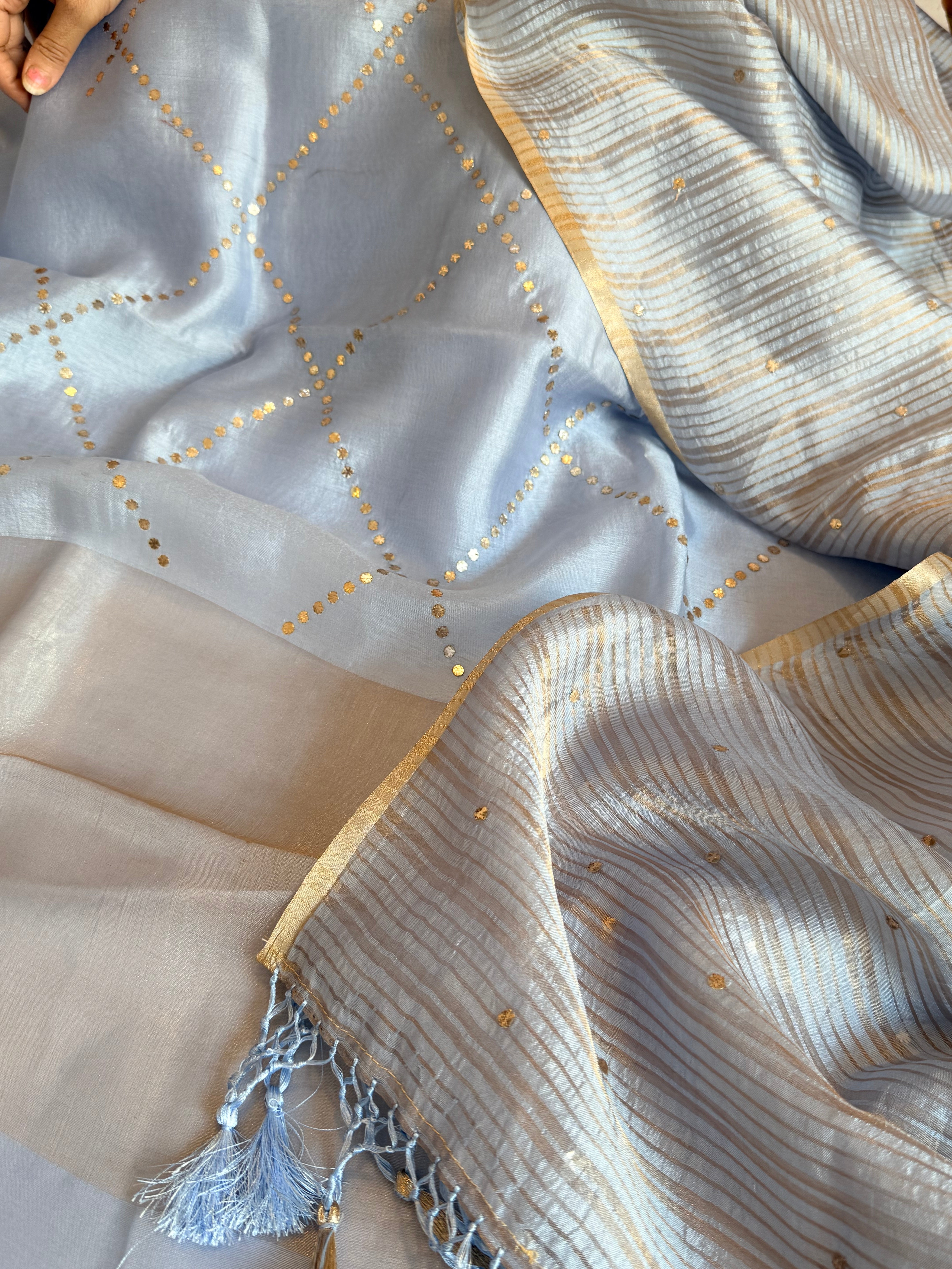 Summer suit edit - Spun chiniya silk mukaish work blush blue hand embroidered suit set