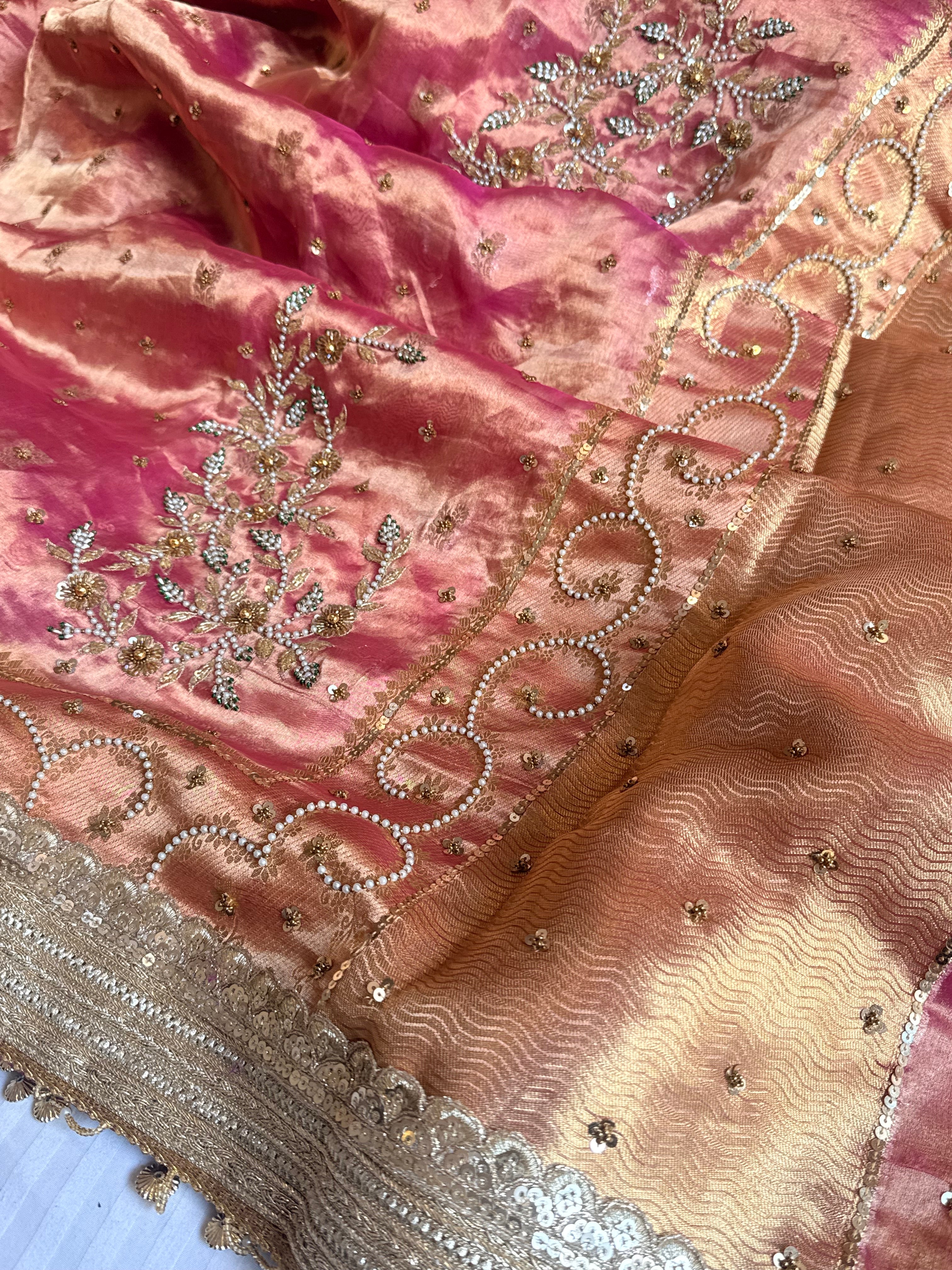 Salma-sitara molten hot pink tissue silk antique work hand embroidered saree