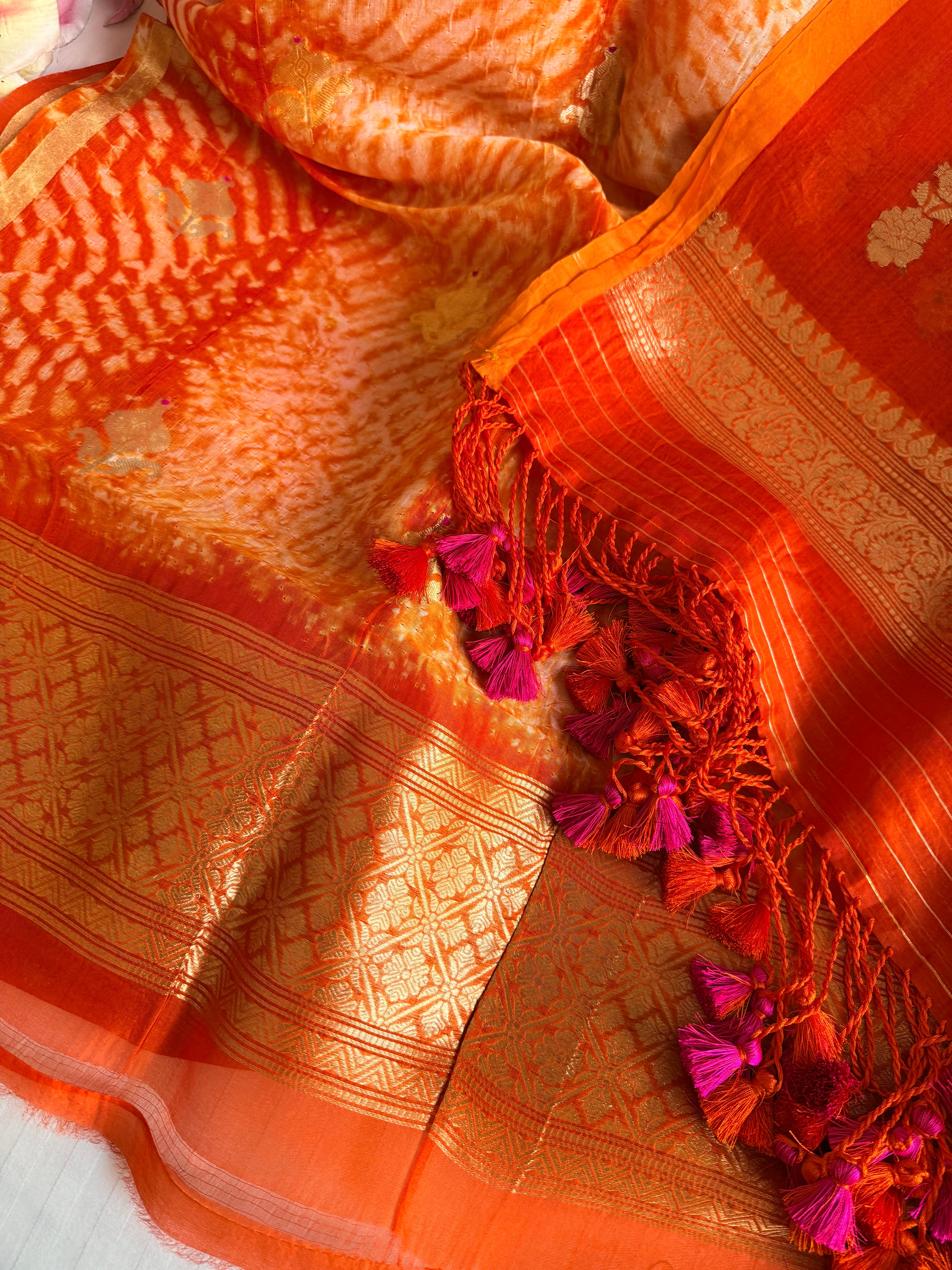 Shibori dye banarasi kora silk rani-orange kadhwa buti suit set