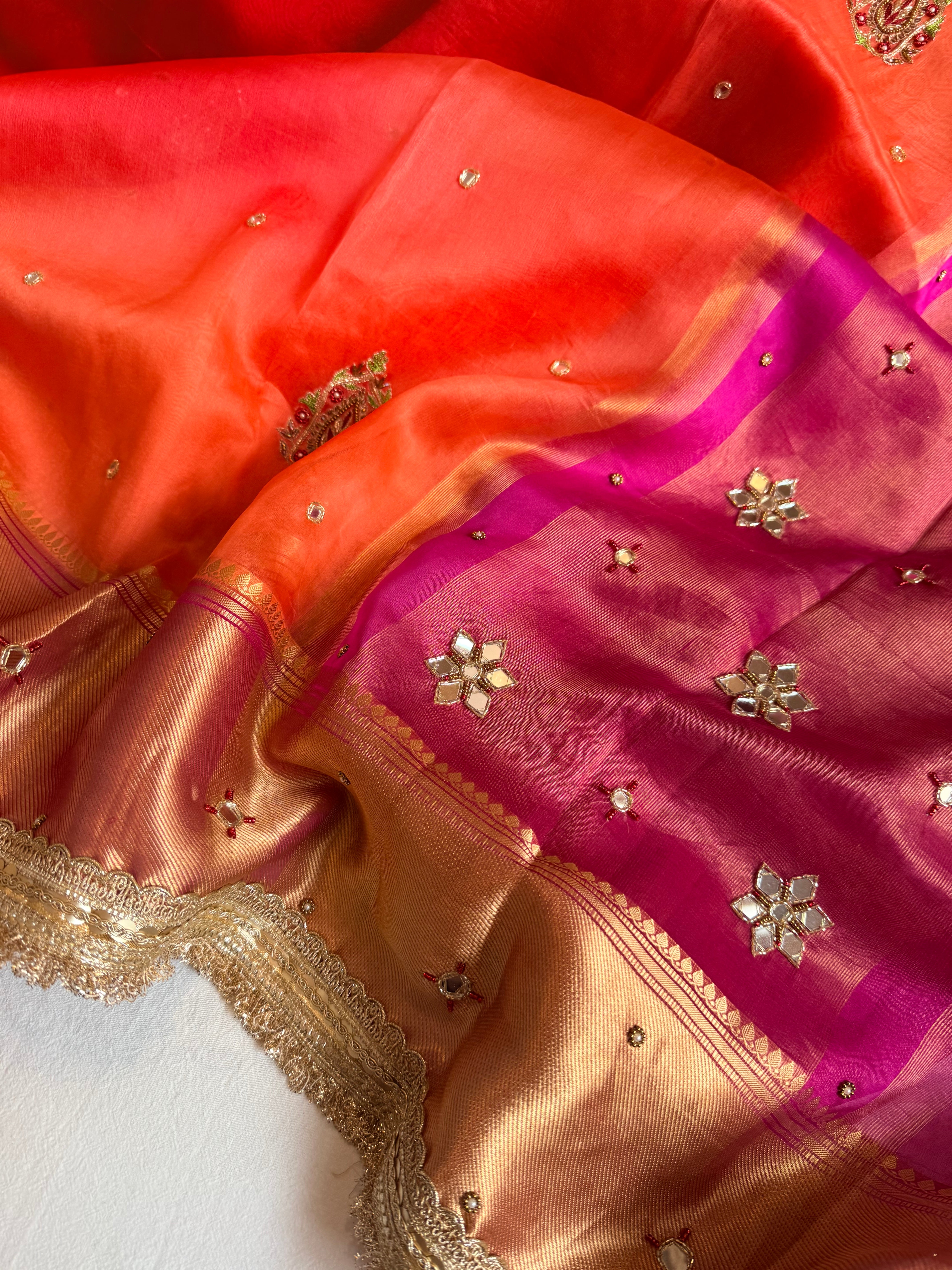 Husn ganga jamuna contrast border kora silk hand embroidered saree