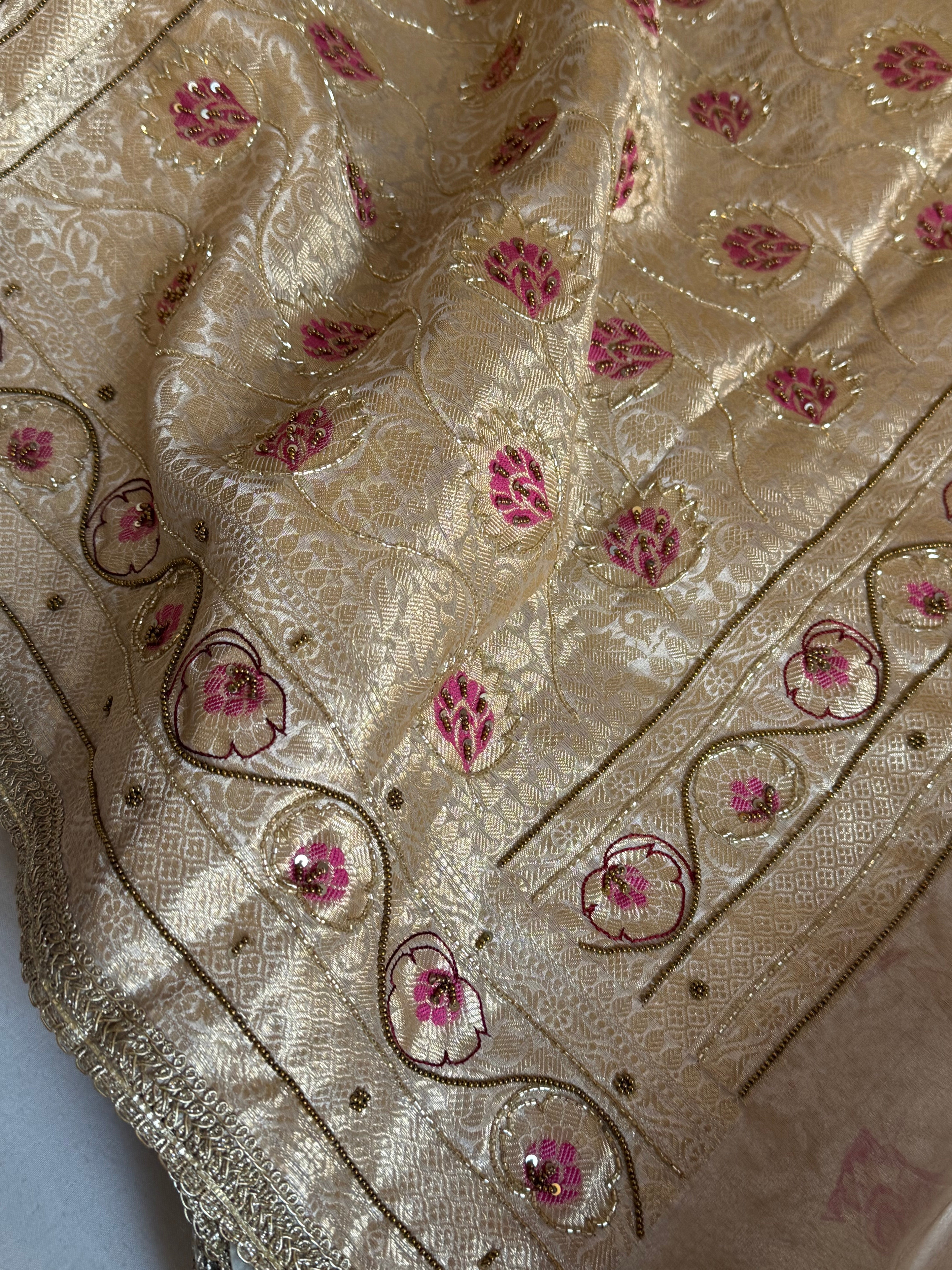 Moonlight silver diamond tissue pink meenakari kadhwa hand embroidered saree