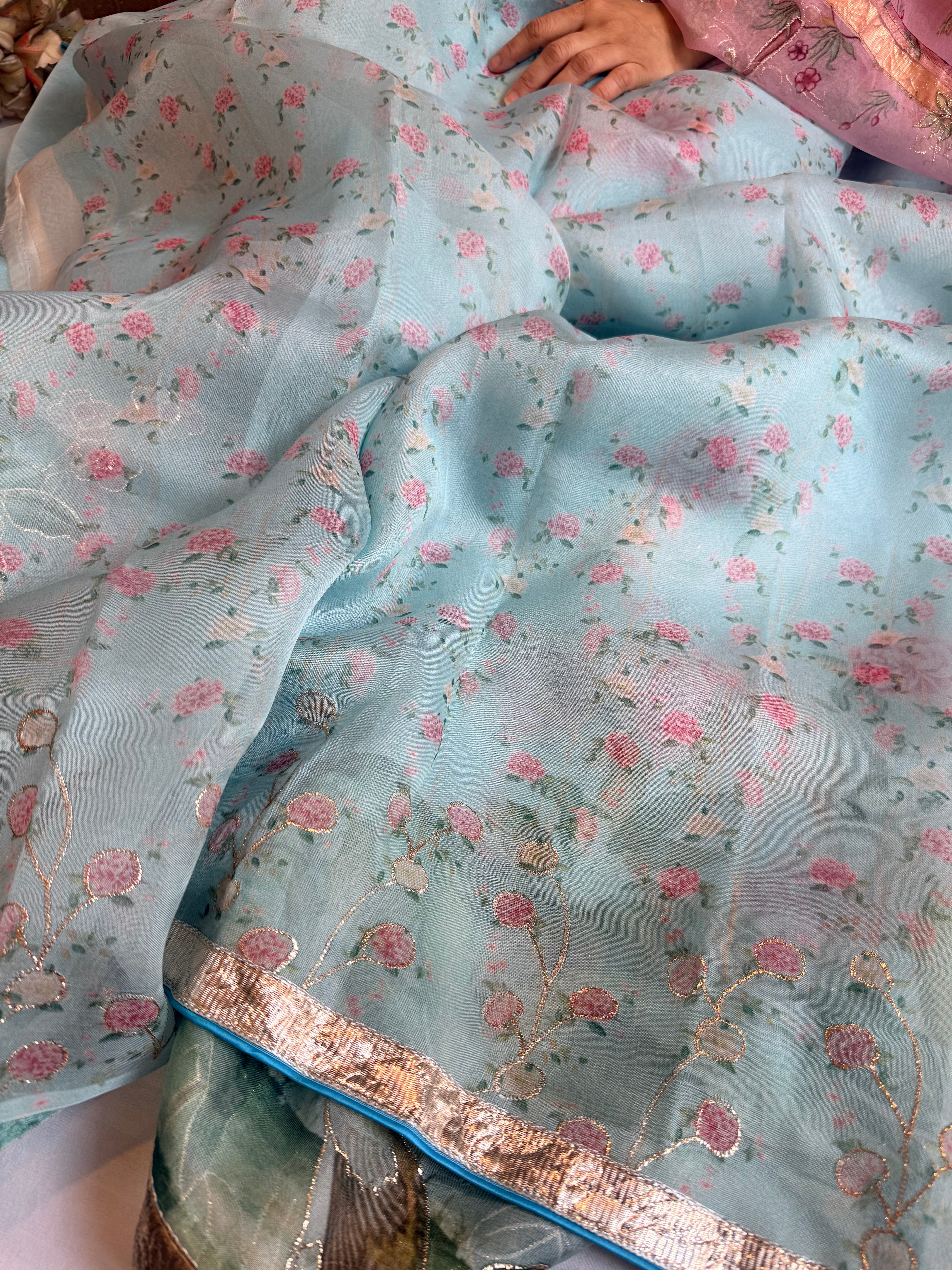 Kora silk lampi gotapatti hand embroidered saree