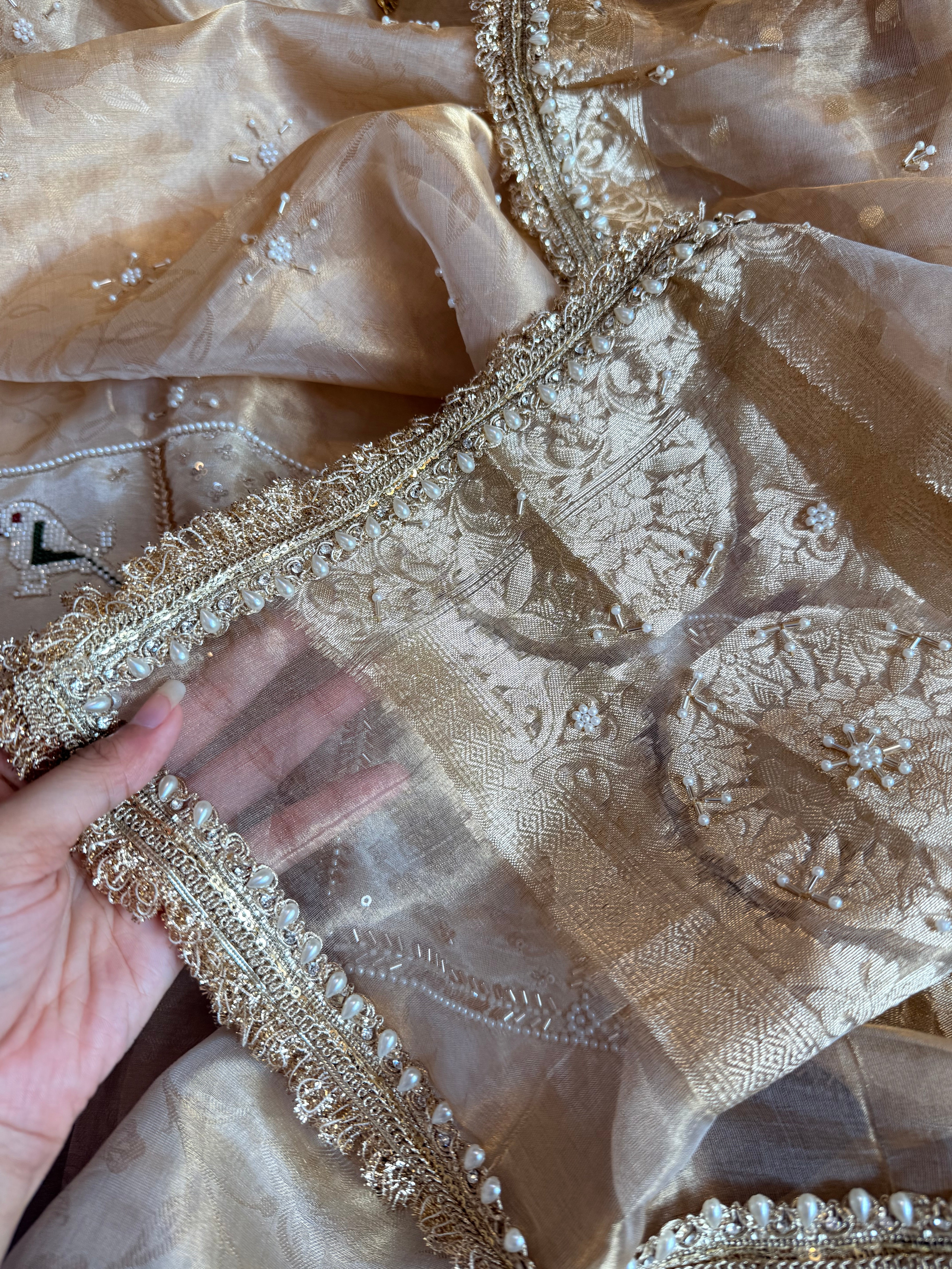 Butter gold patola patchwork hand embroidered tissue silk suit set available on preorder of 10-15 days