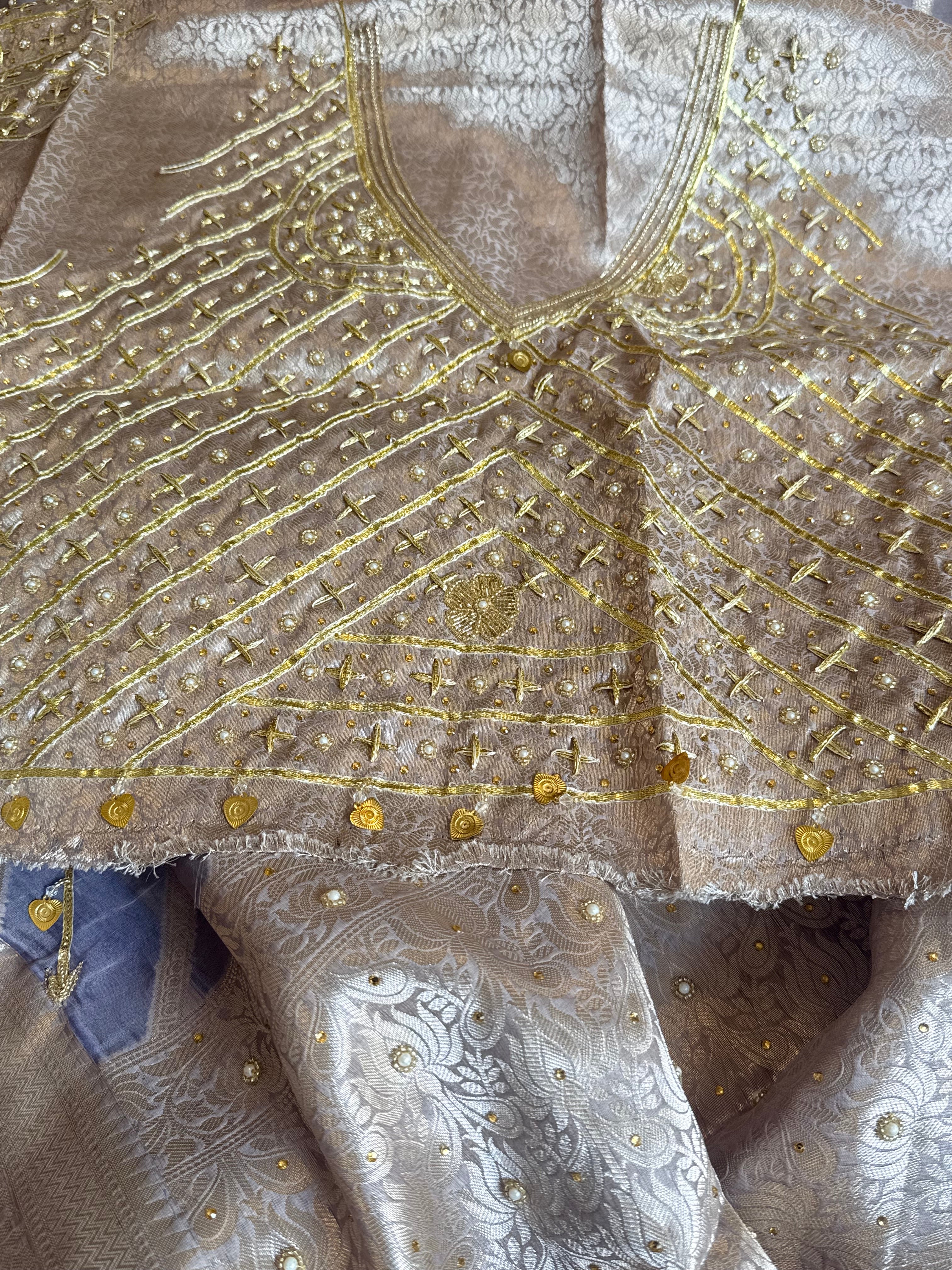 Kora silk kadhwa striped gotapatti work hand embroidered saree