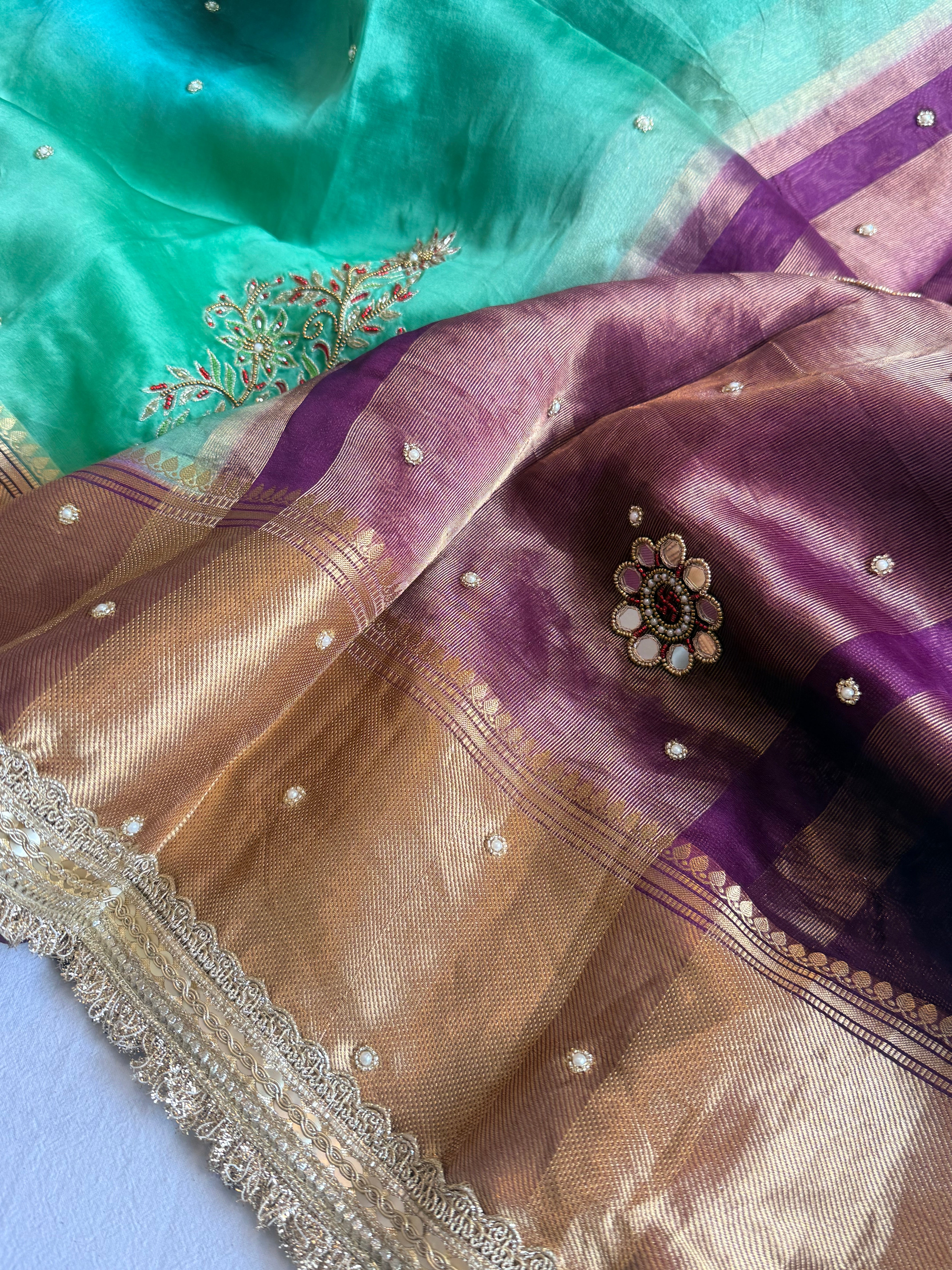 Husn ganga jamuna contrast border kora silk hand embroidered saree