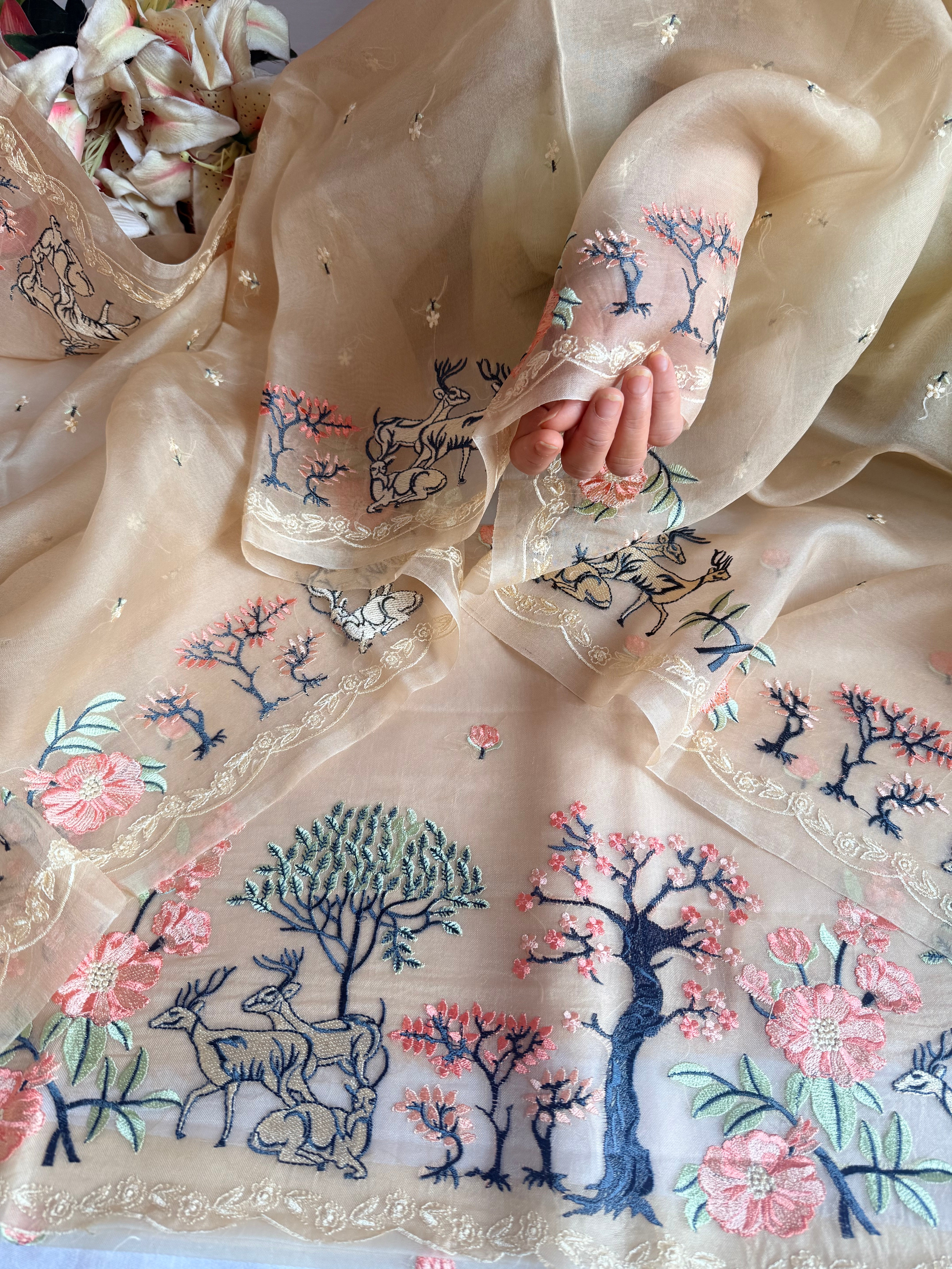 Parsigara kora silk bagh motif hand embroidered suit sets