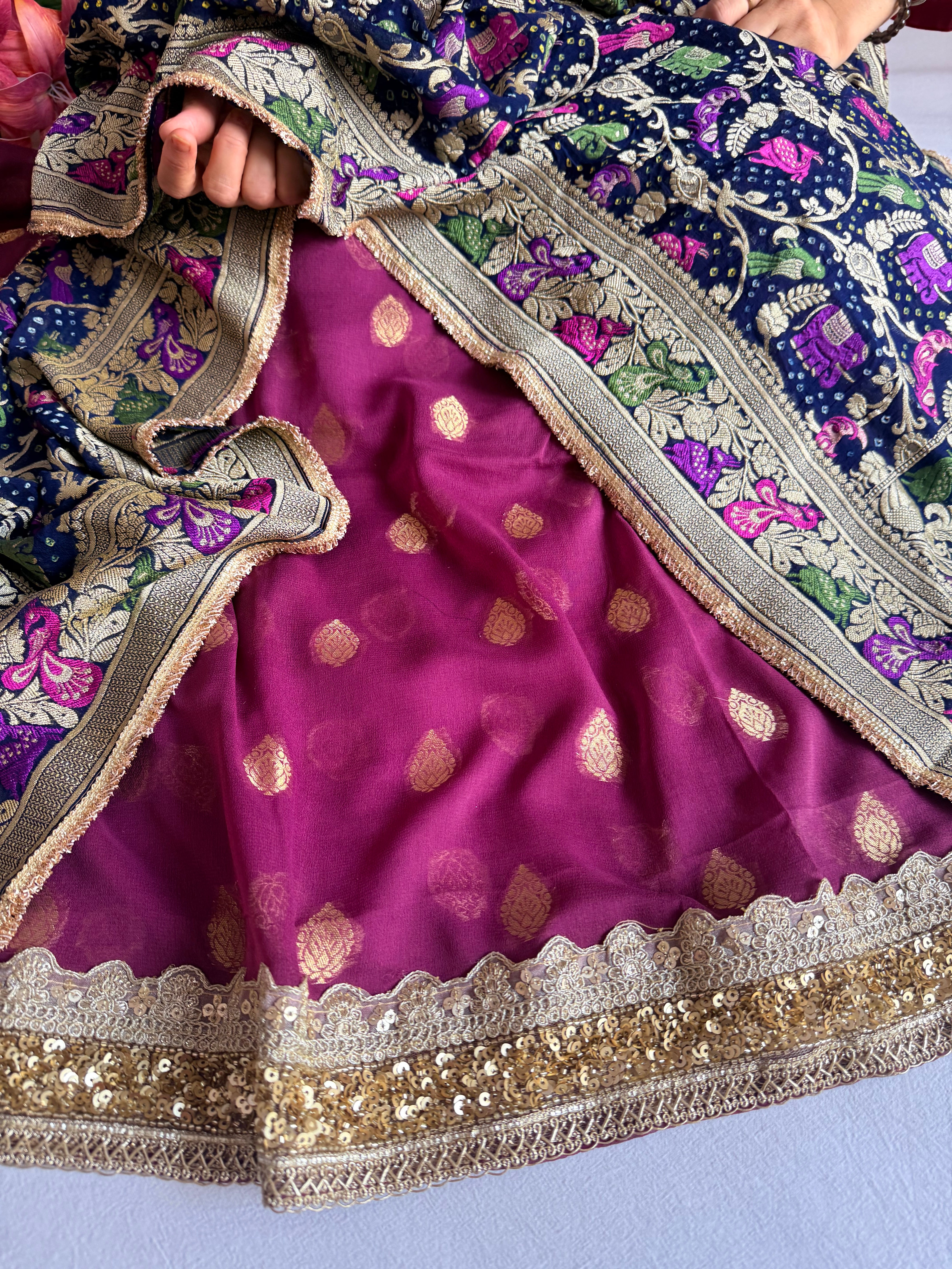 Rai bandhej chiffon gorgette sequin work hand embroidered suit set
