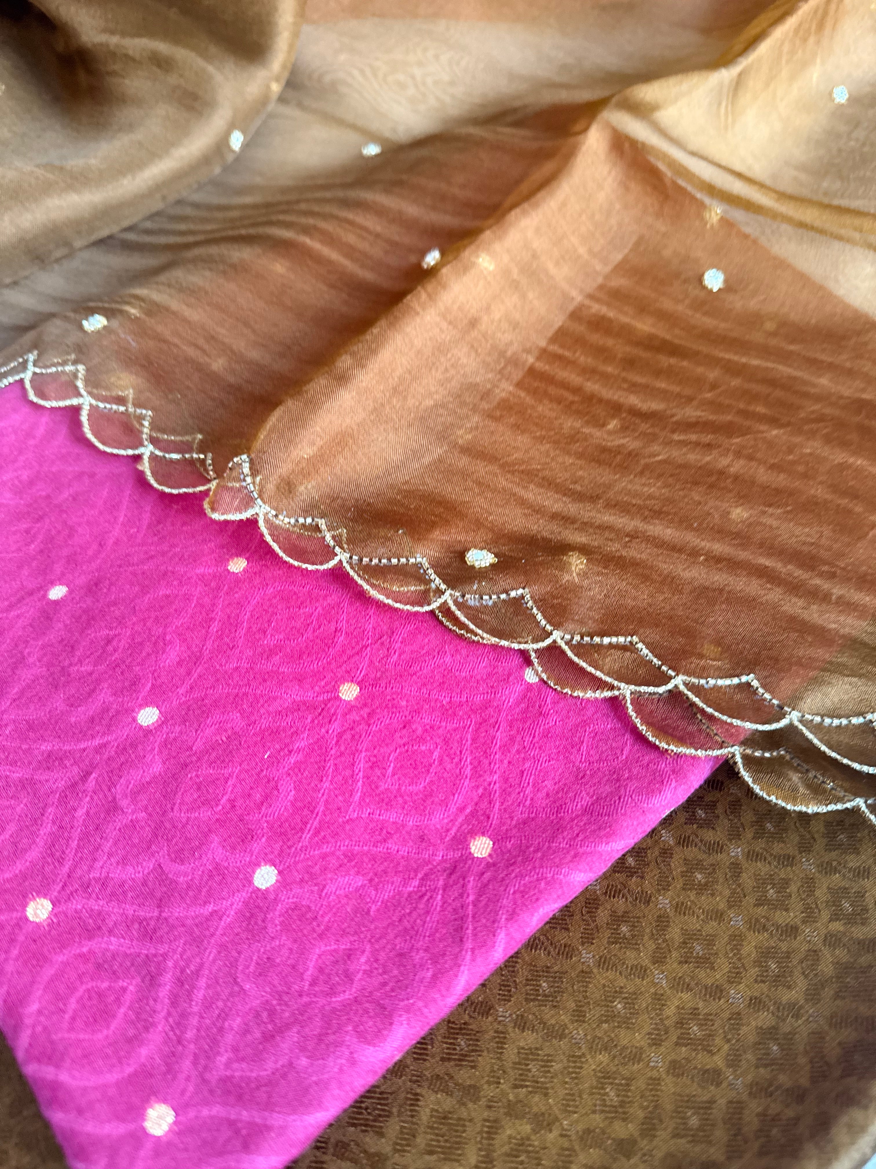 Summer suits under 8k - Mul cotton hot pink pink kurta paired with chocolate scalloped kora silk duppata