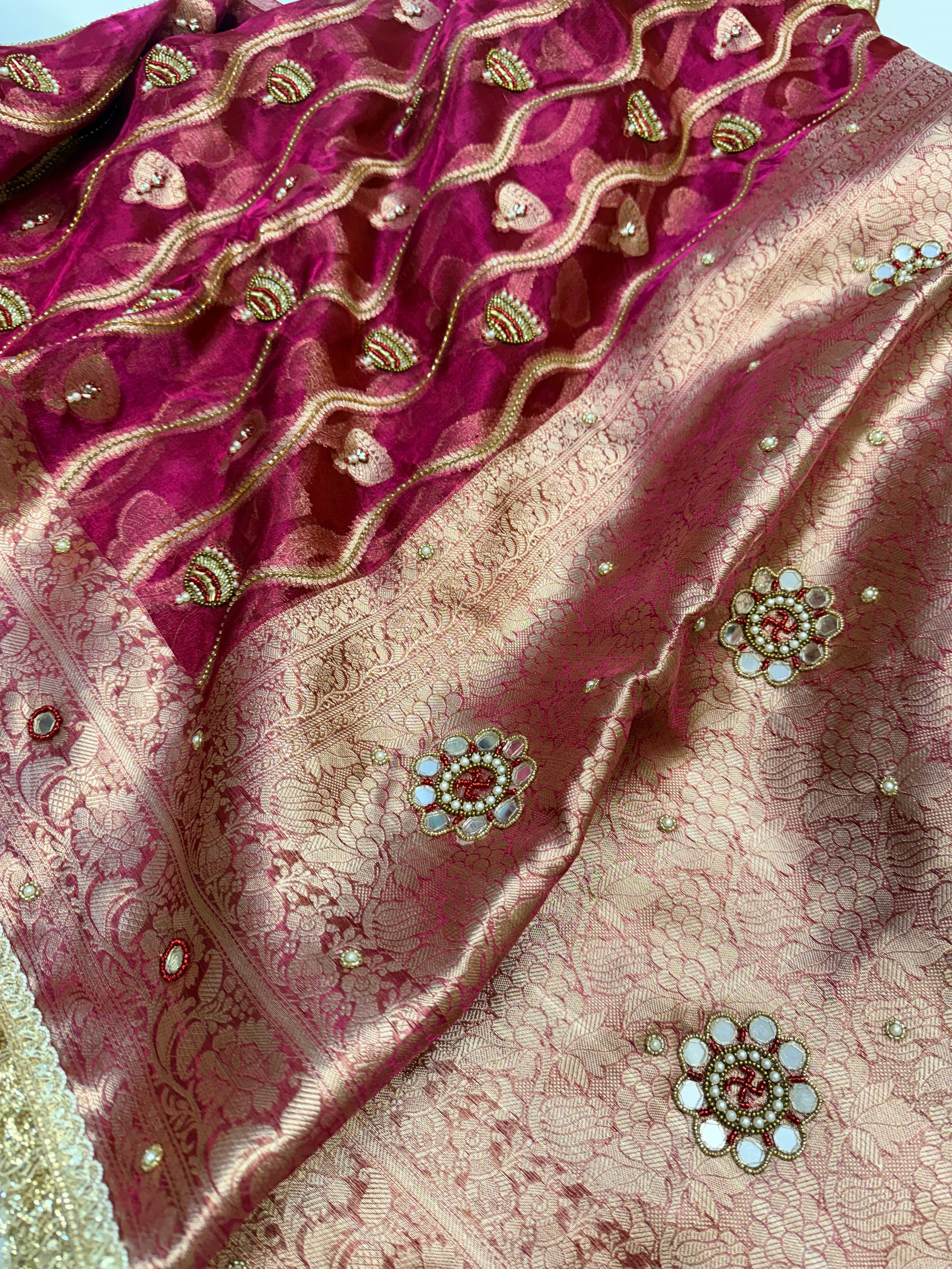 Hot pink metallic husn tissue silk jaalwork hand embroidered saree