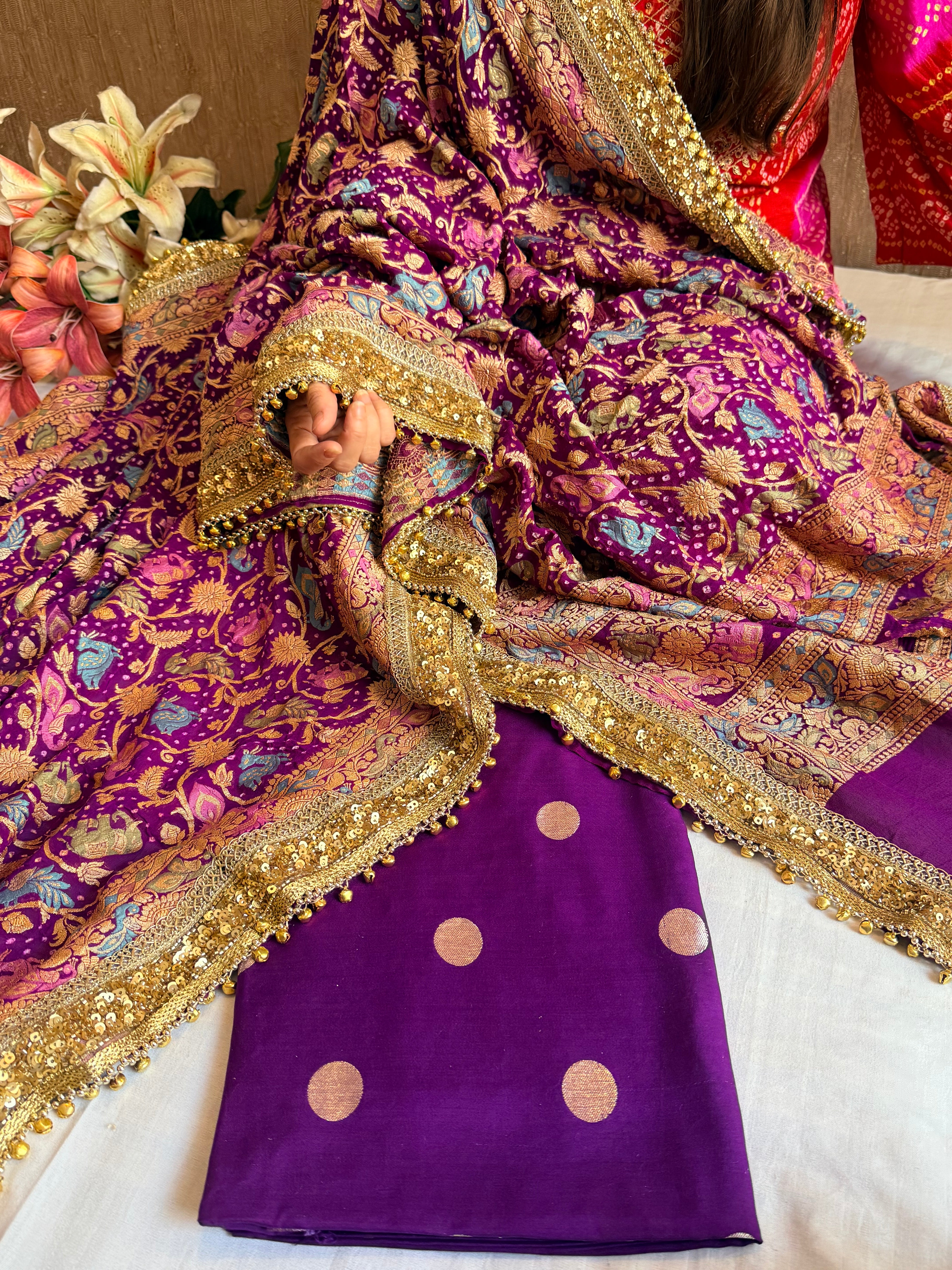 Banarasi bandhej purple ghungroo and sequin work chiffon gorgette kadhwa suit set