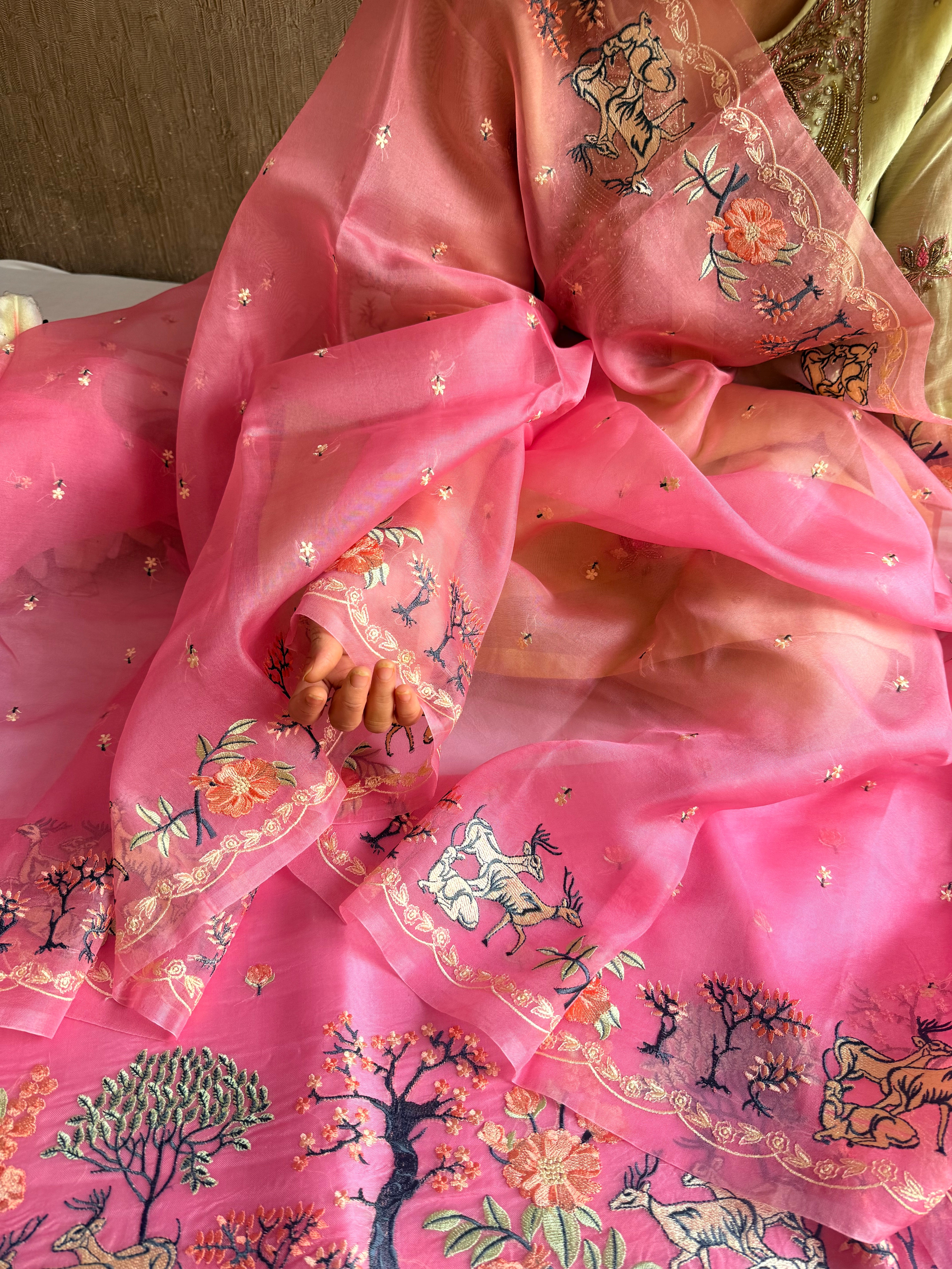 Parsigara kora silk bagh motif hand embroidered suit sets