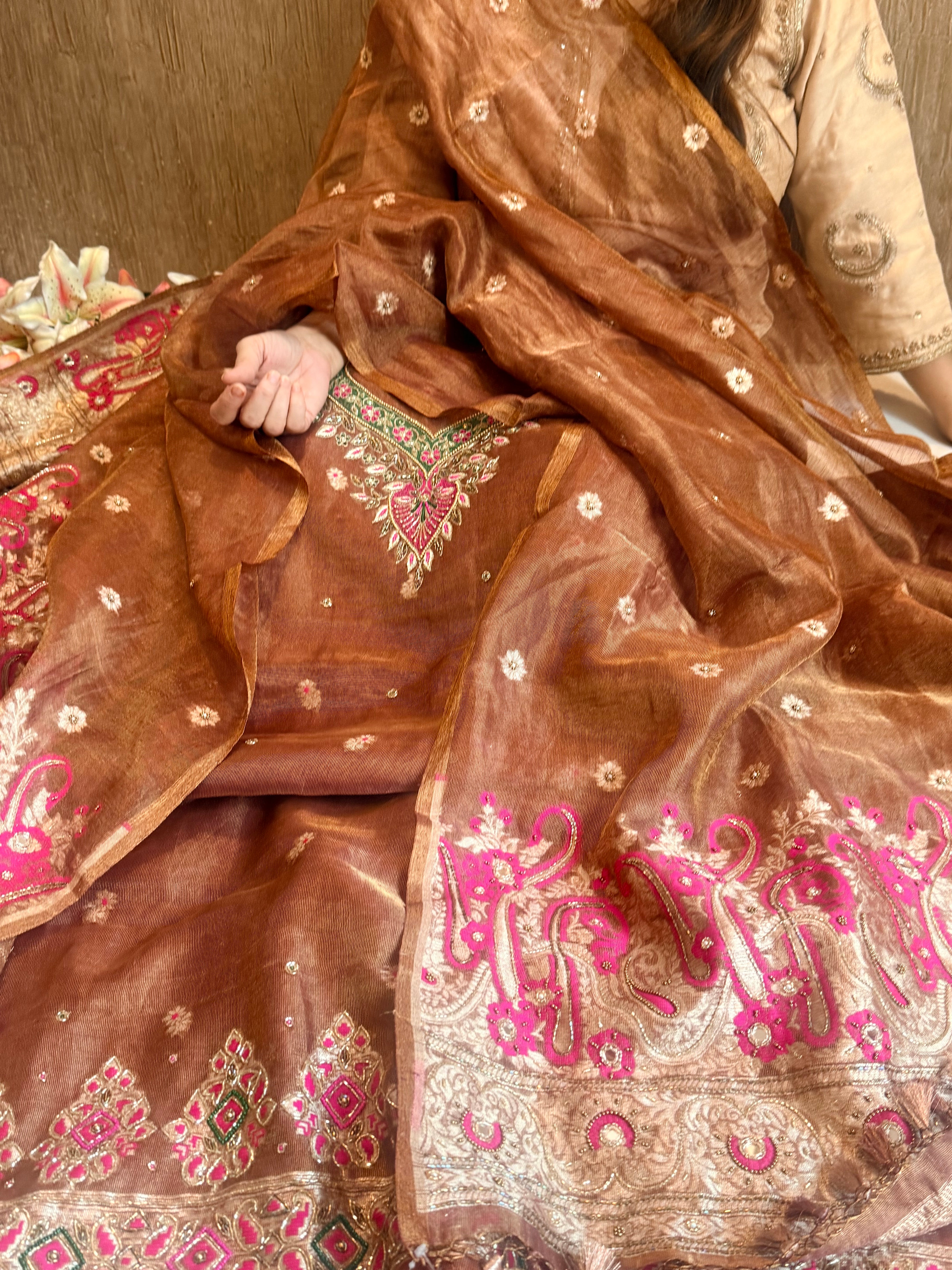 Choco brown mul tissue linen meenakari hand embroidered suit sets