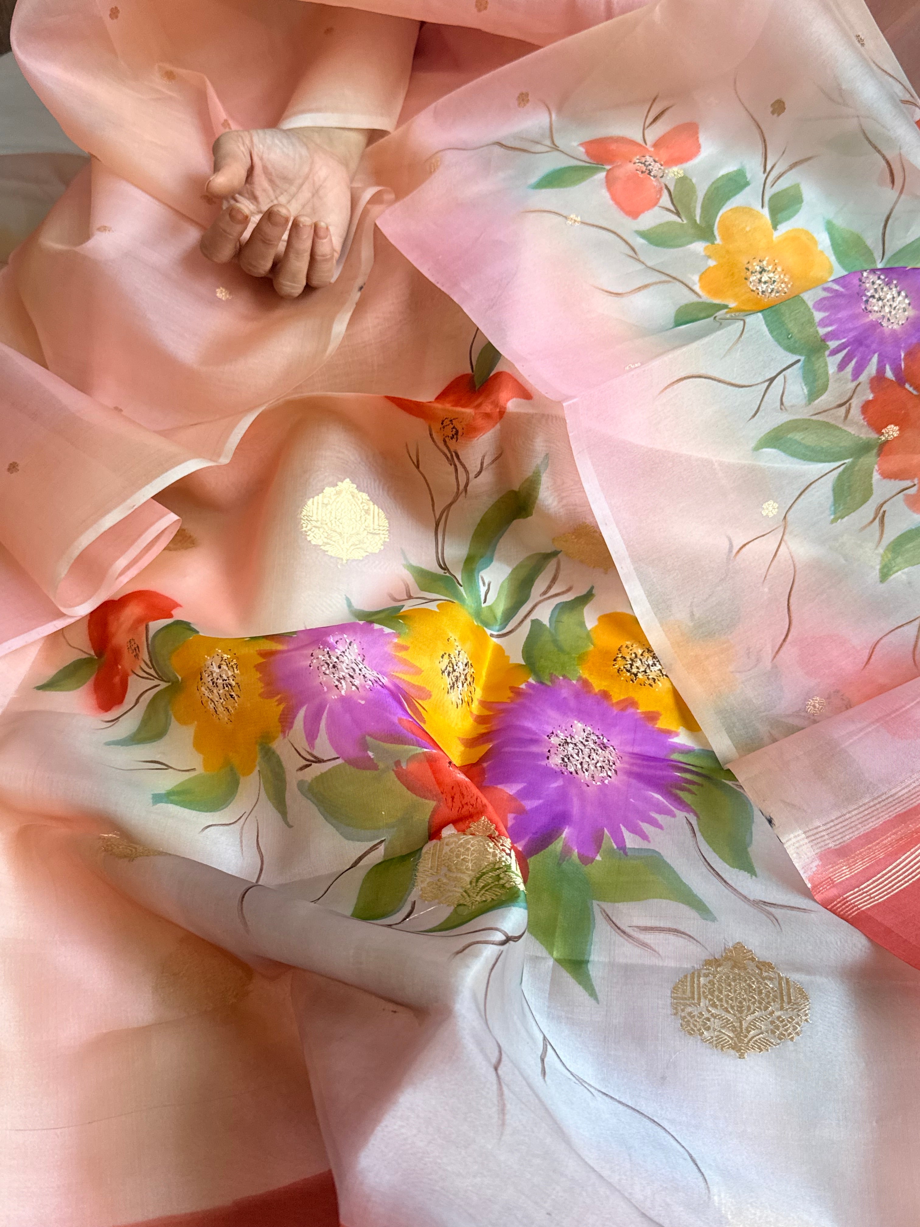 Banarasi kora silk handpainted ghatwork kadhwa buti rainbow dye suits