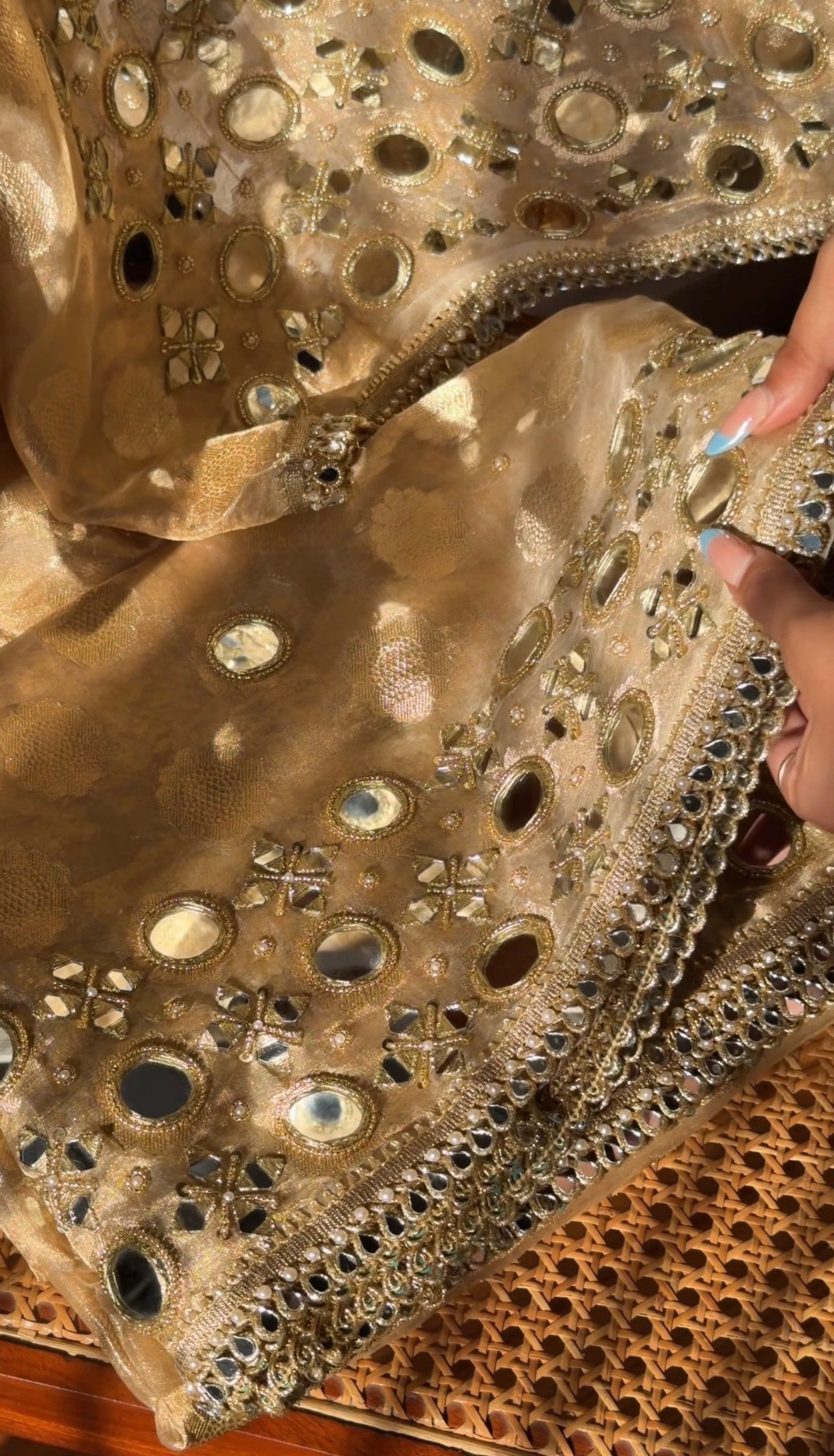 Butter gold kaanch wali mirrorwork hand embroidered tissue silk buti saree