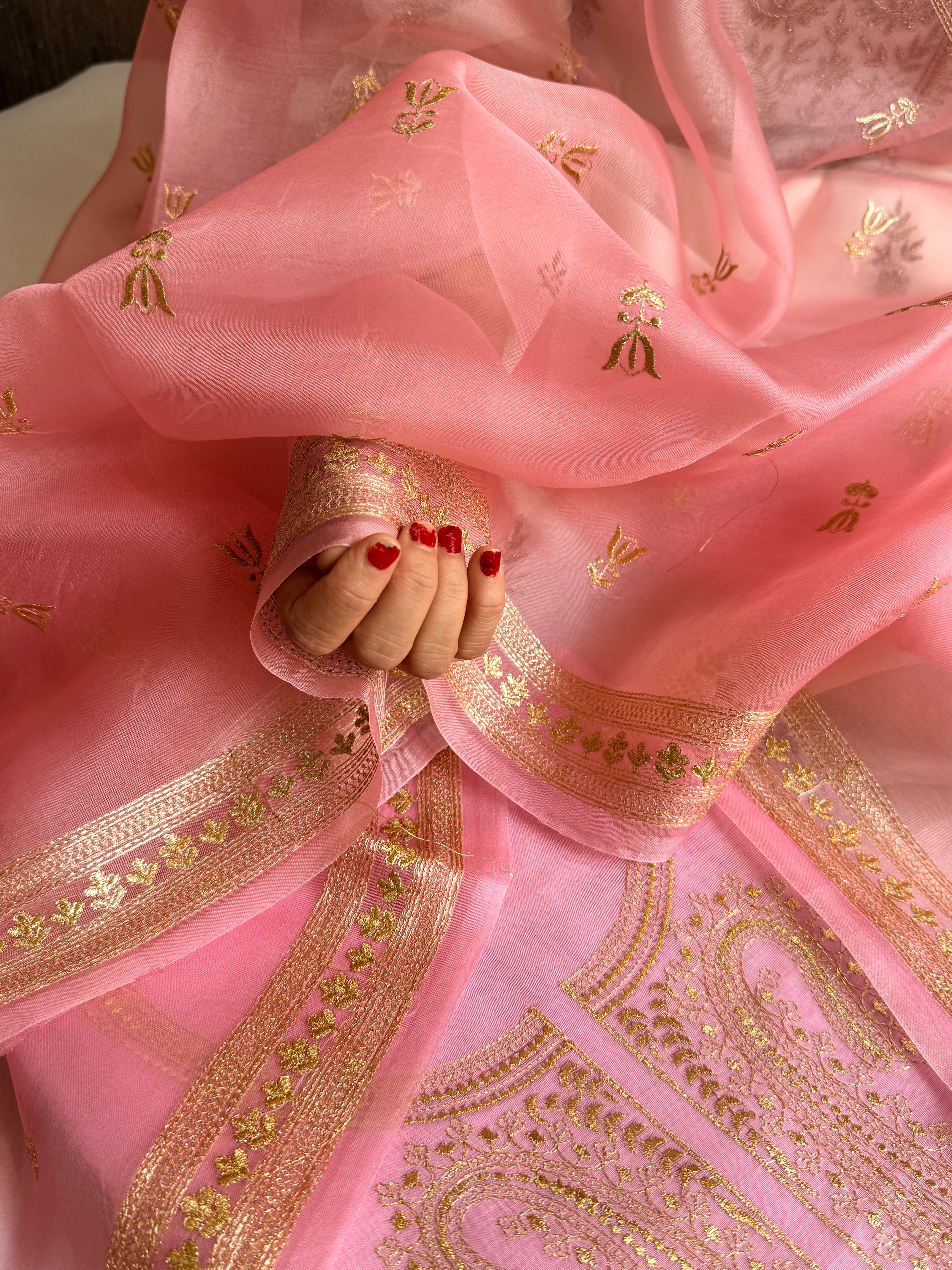 Mul cotton aariwork hand embroidered banarasi suit set