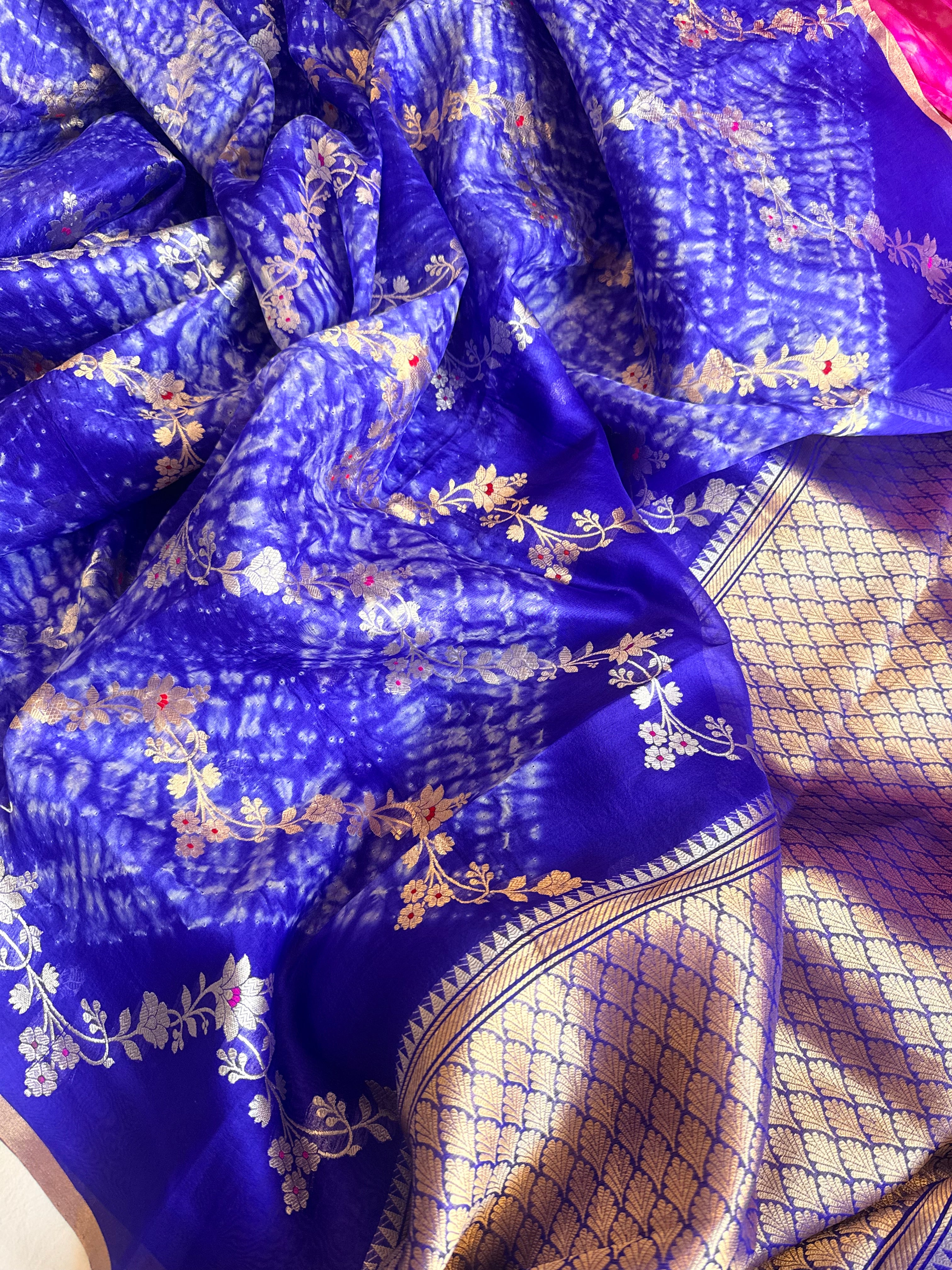 Shibori edit - Banarasi kora silk kadhwa buti shibori hand dyed saree