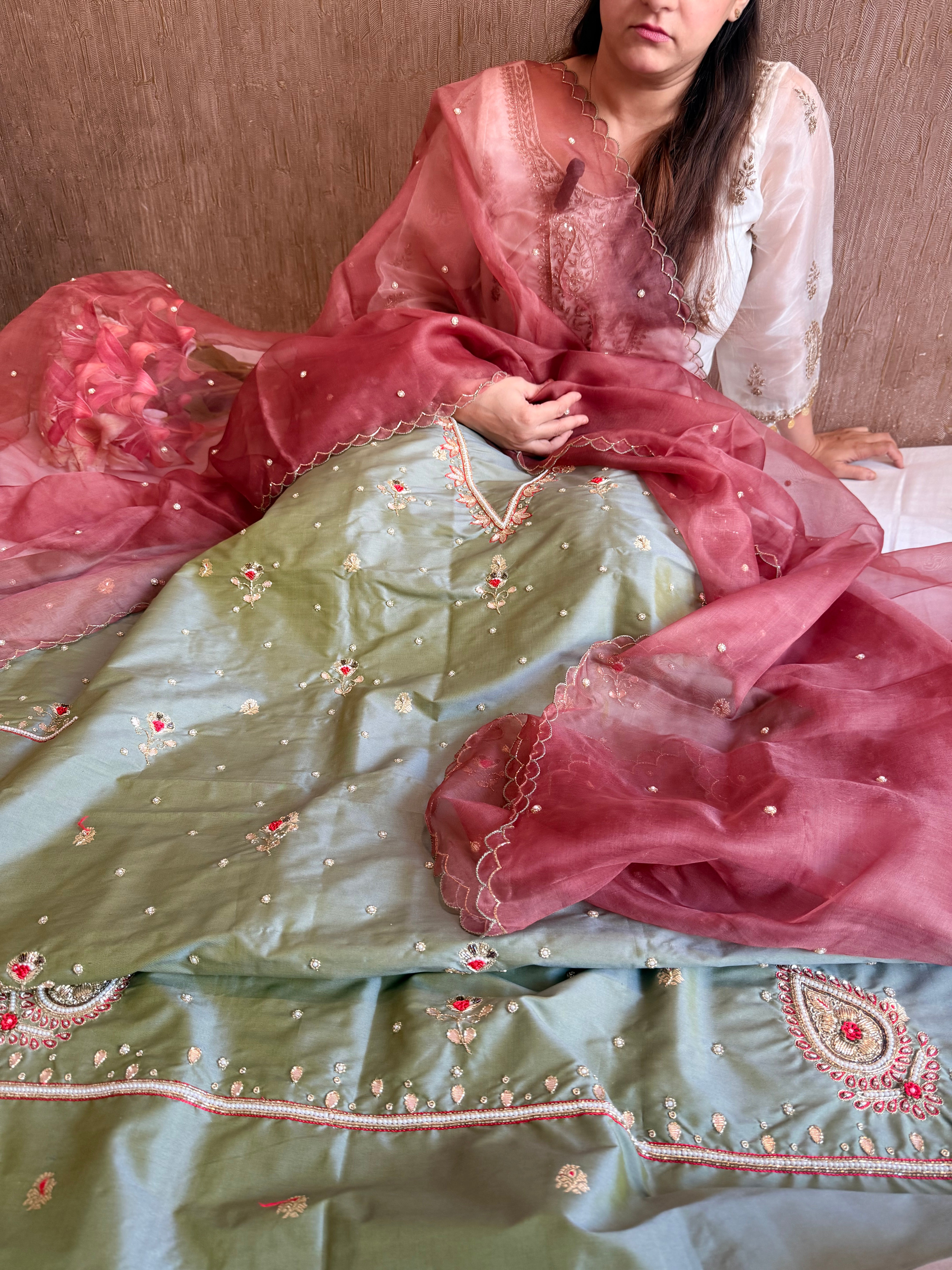 Katan silk hand embroidered banarasi kurta paired with kora silk duppata