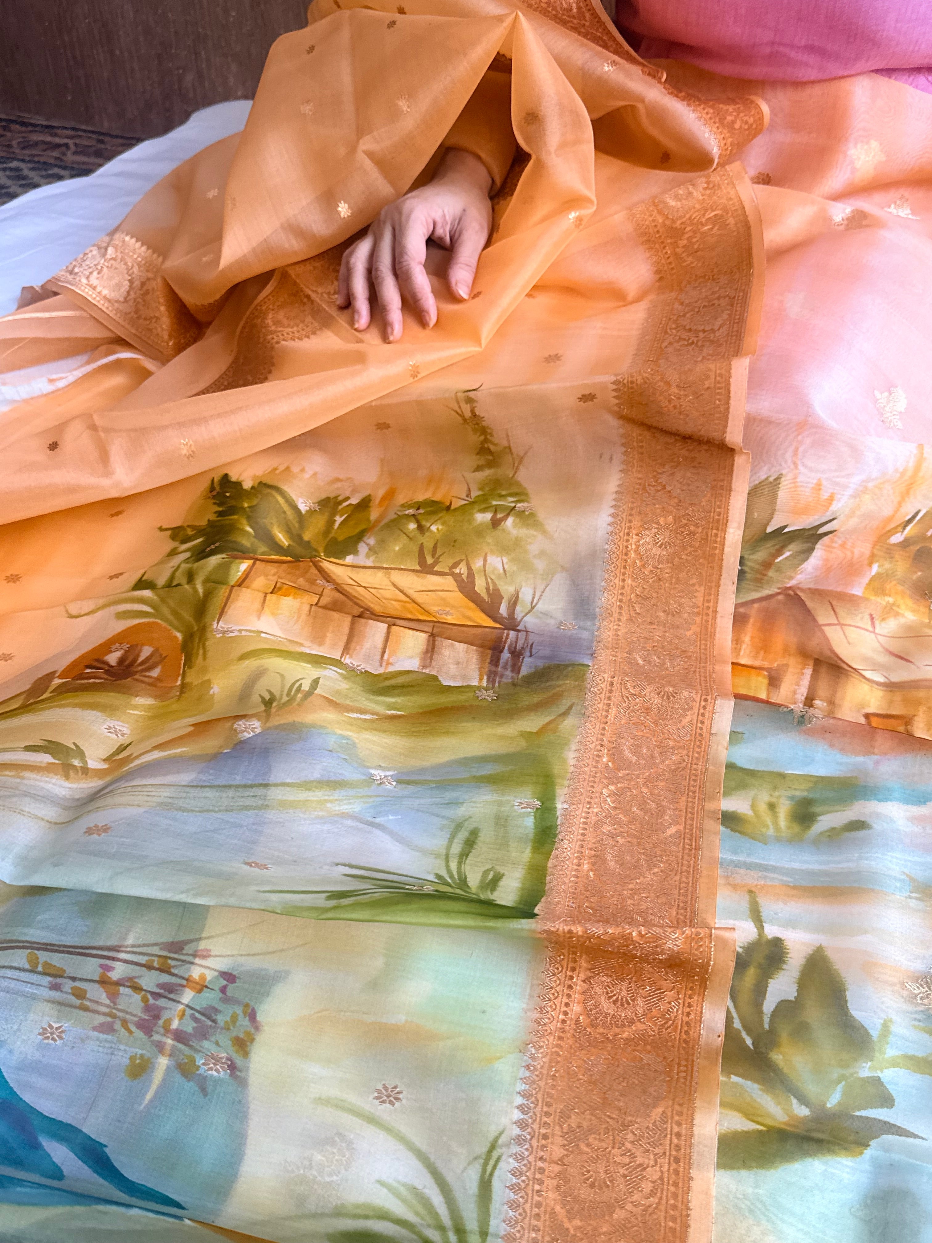 Banarasi kora silk handpainted ghatwork kadhwa buti rainbow dye suits