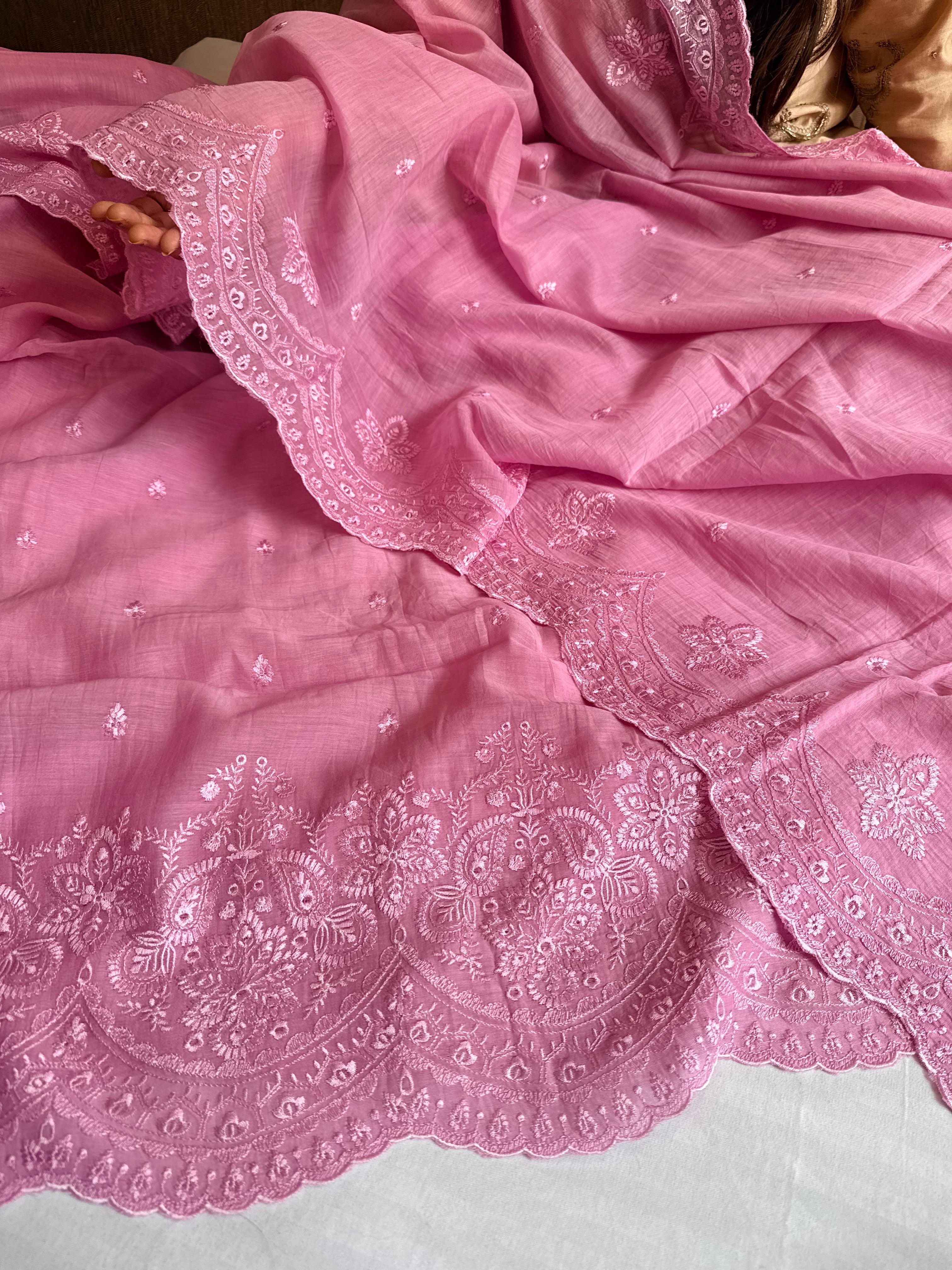 Candy pink mul cotton thread hand embroidered suit set