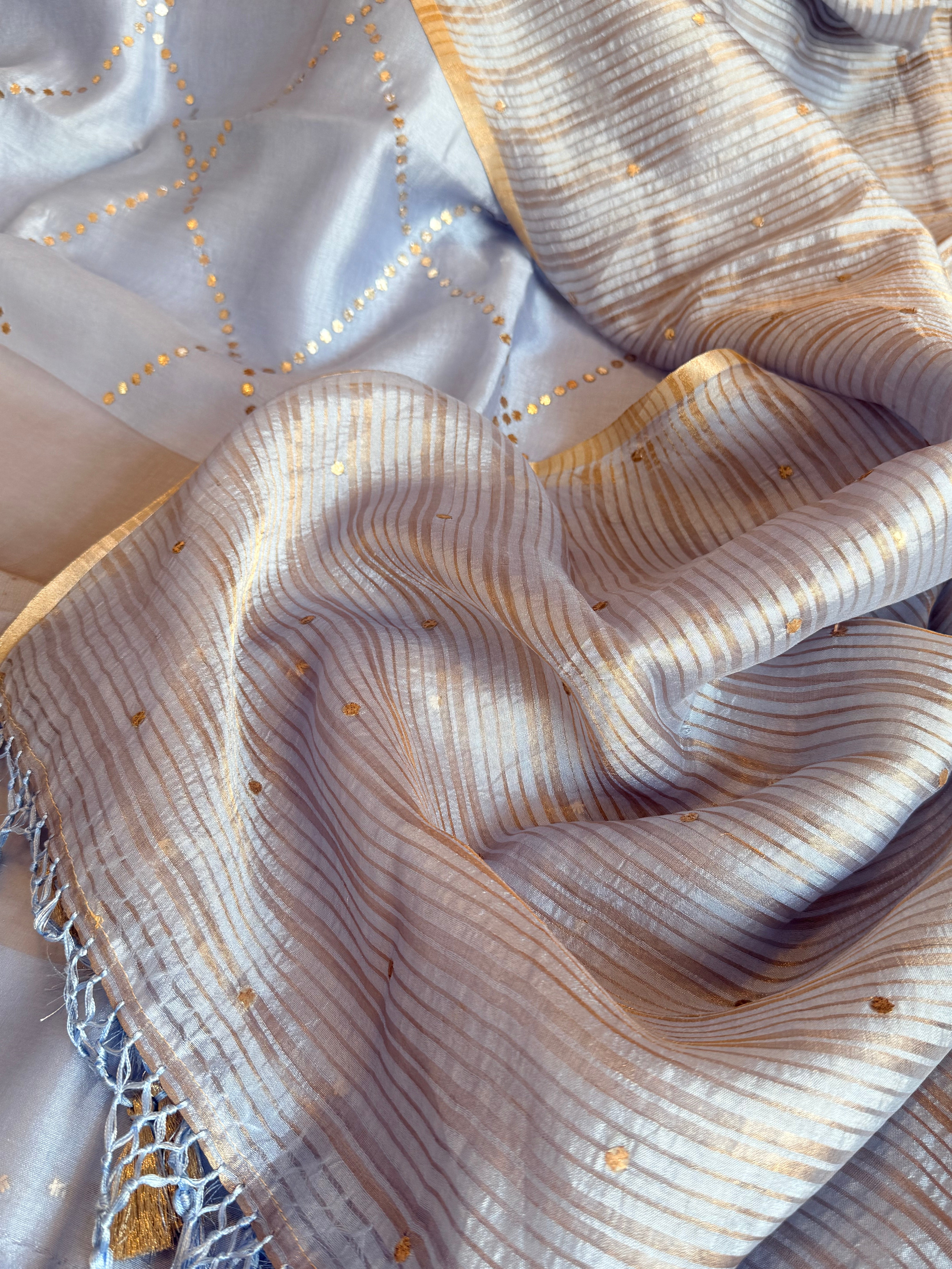 Summer suit edit - Spun chiniya silk mukaish work blush blue hand embroidered suit set