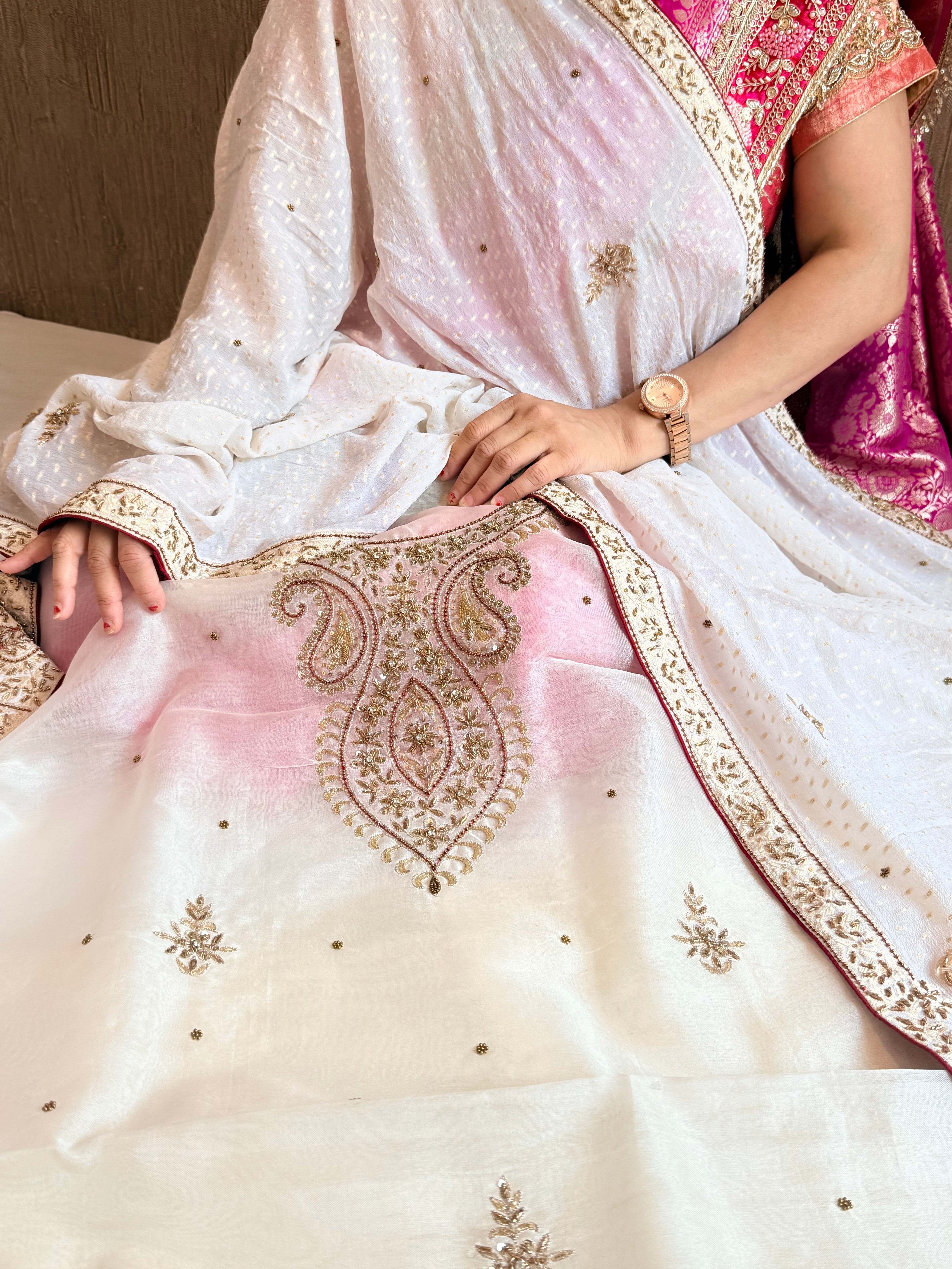 Swan white kora organza silk hand embroidery suit set