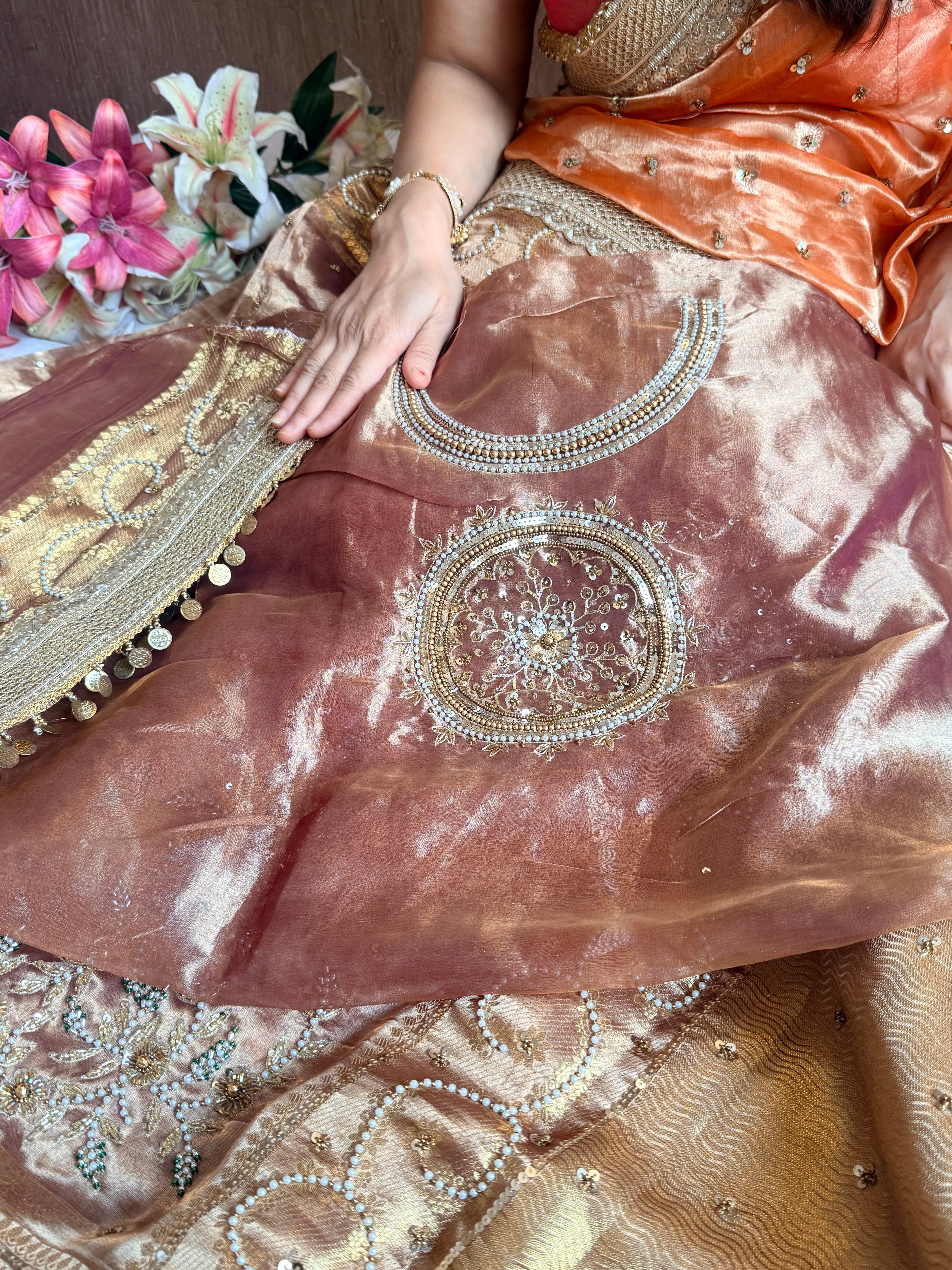 Salma-sitara molten brown tissue silk antique work hand embroidered saree