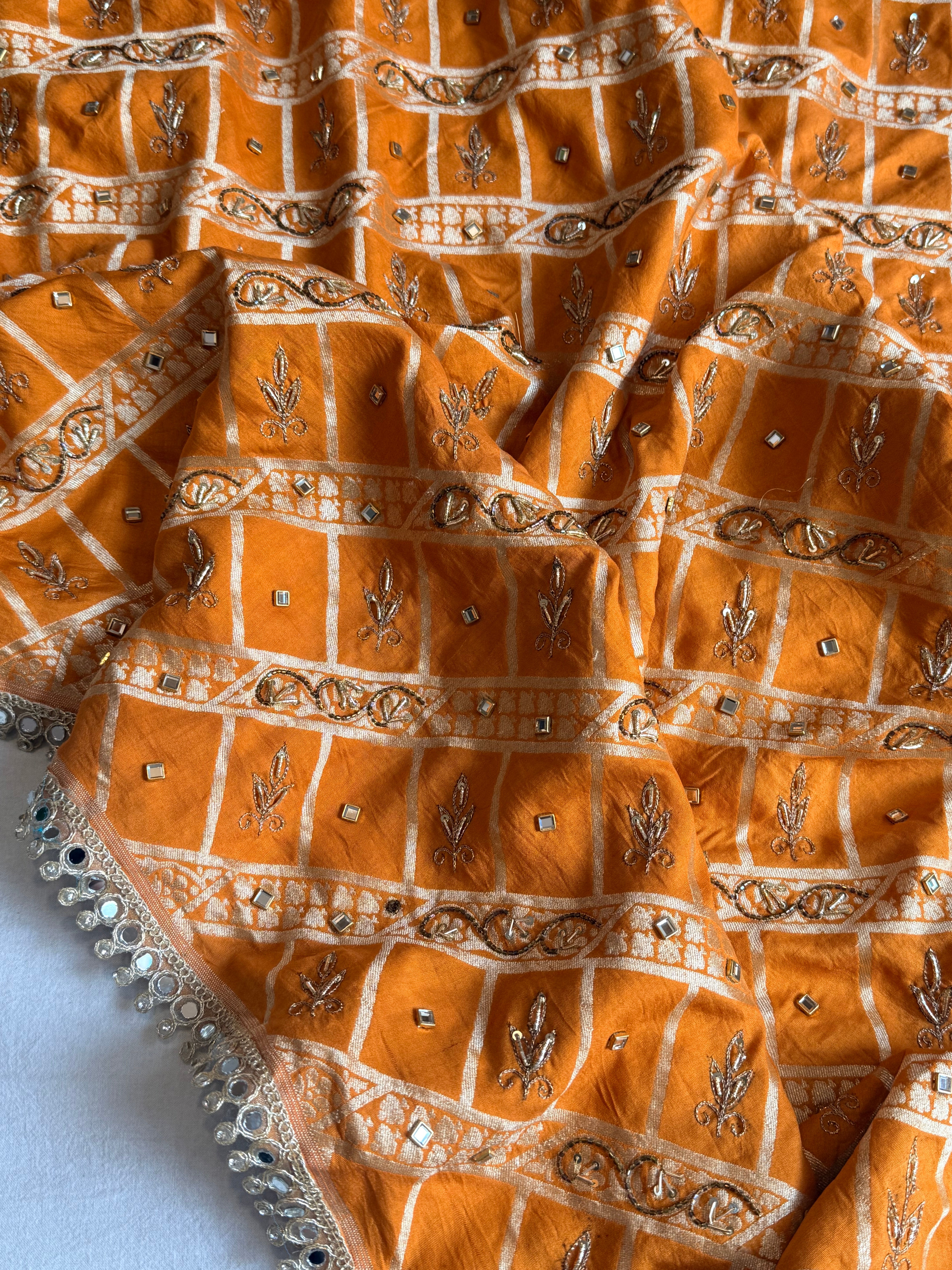 Spun chiniya silk mirrorwork hand embroidered banarasi saree