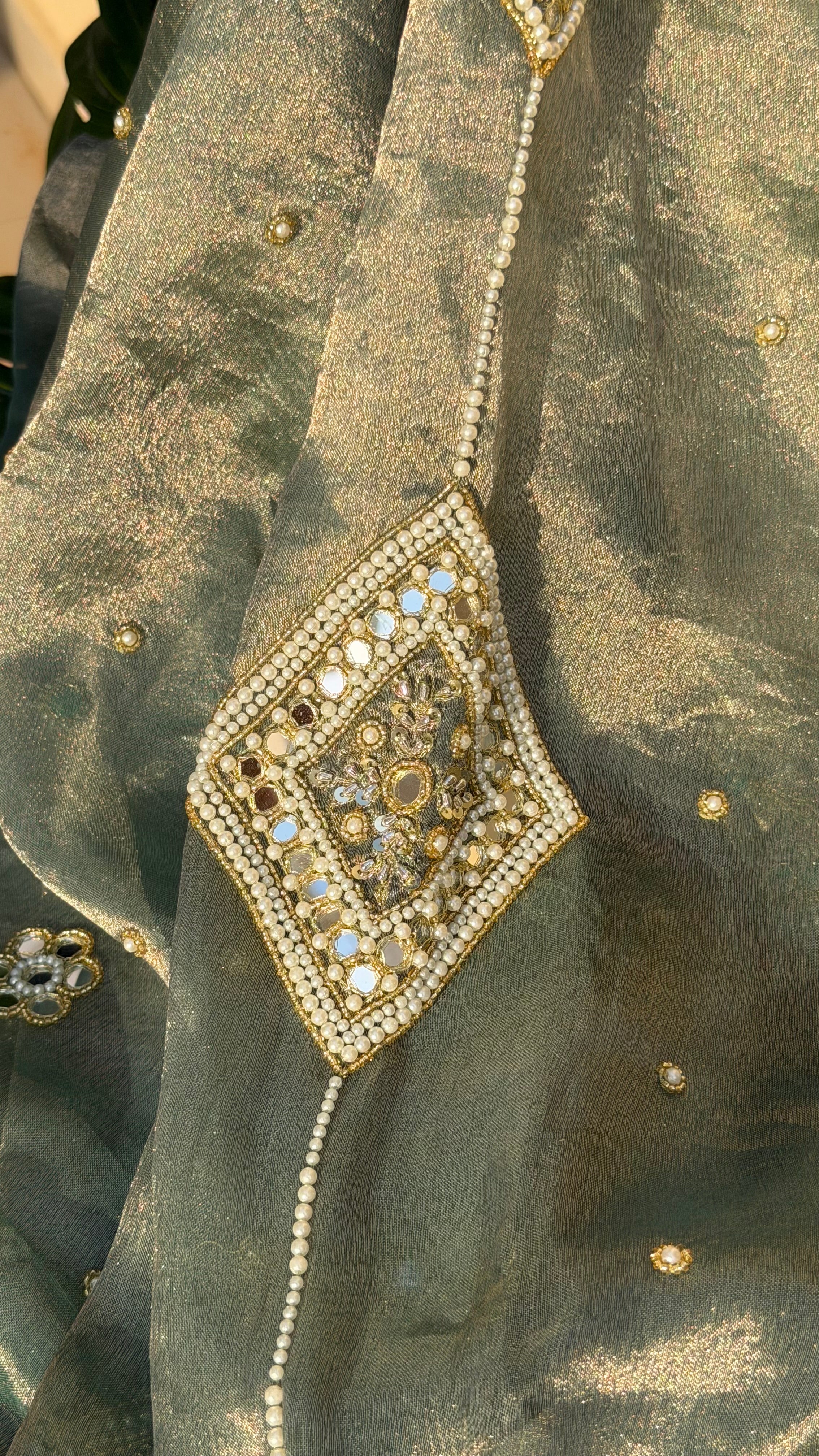 Coriander mint tissue silk pearlwork and mirrorwork hand embroidered saree