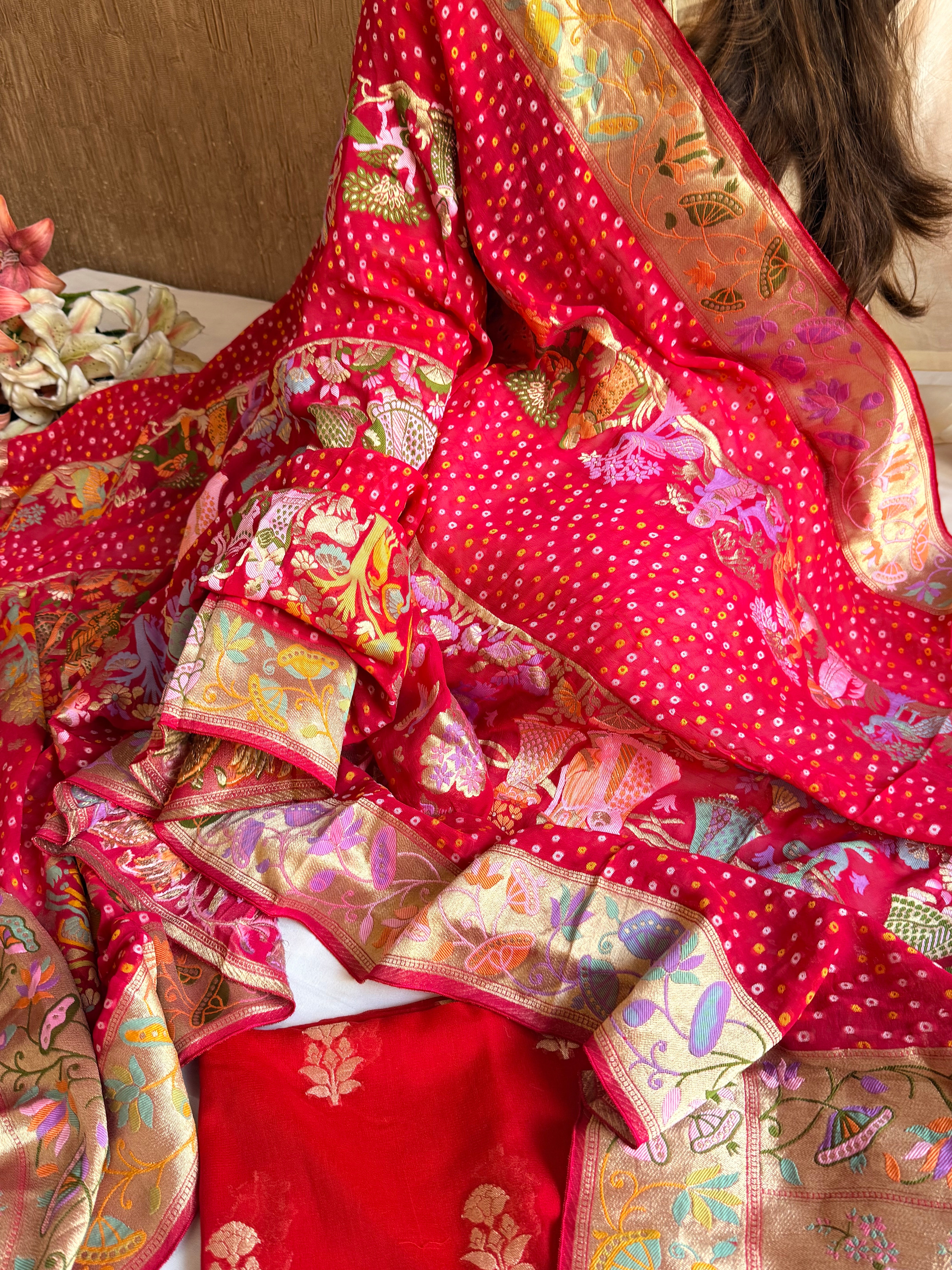 Banarasi rai bandhej radha krishna weaving gorgette kadhwa suit set