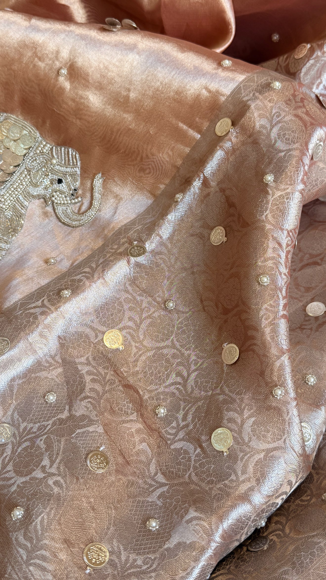 Gulabi jadau edit - Blush pinkish peach tissue silk jadau work hand embroidered saree