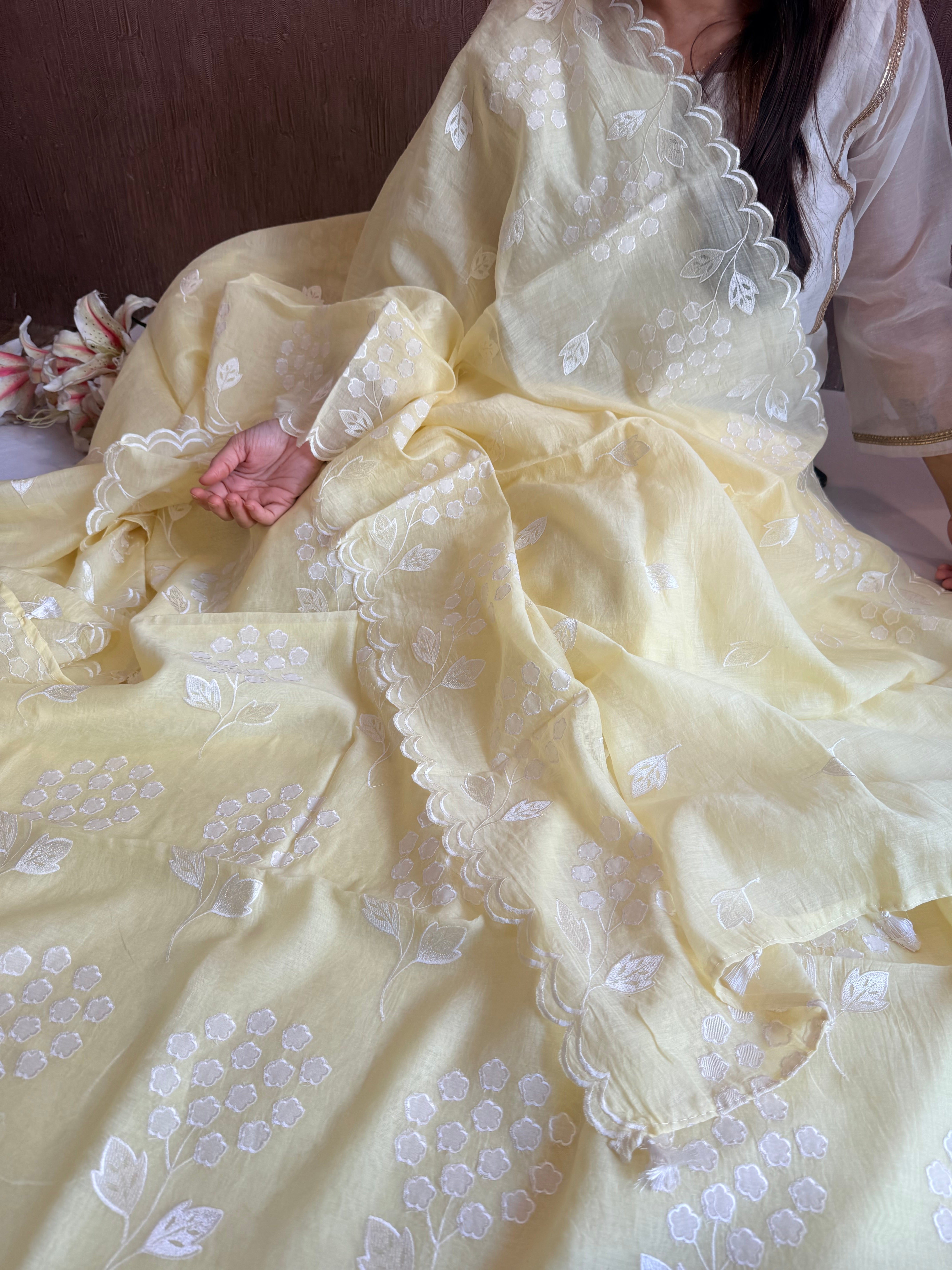 Alia bhatt inspired banarasi mulmul appliqué work suit set