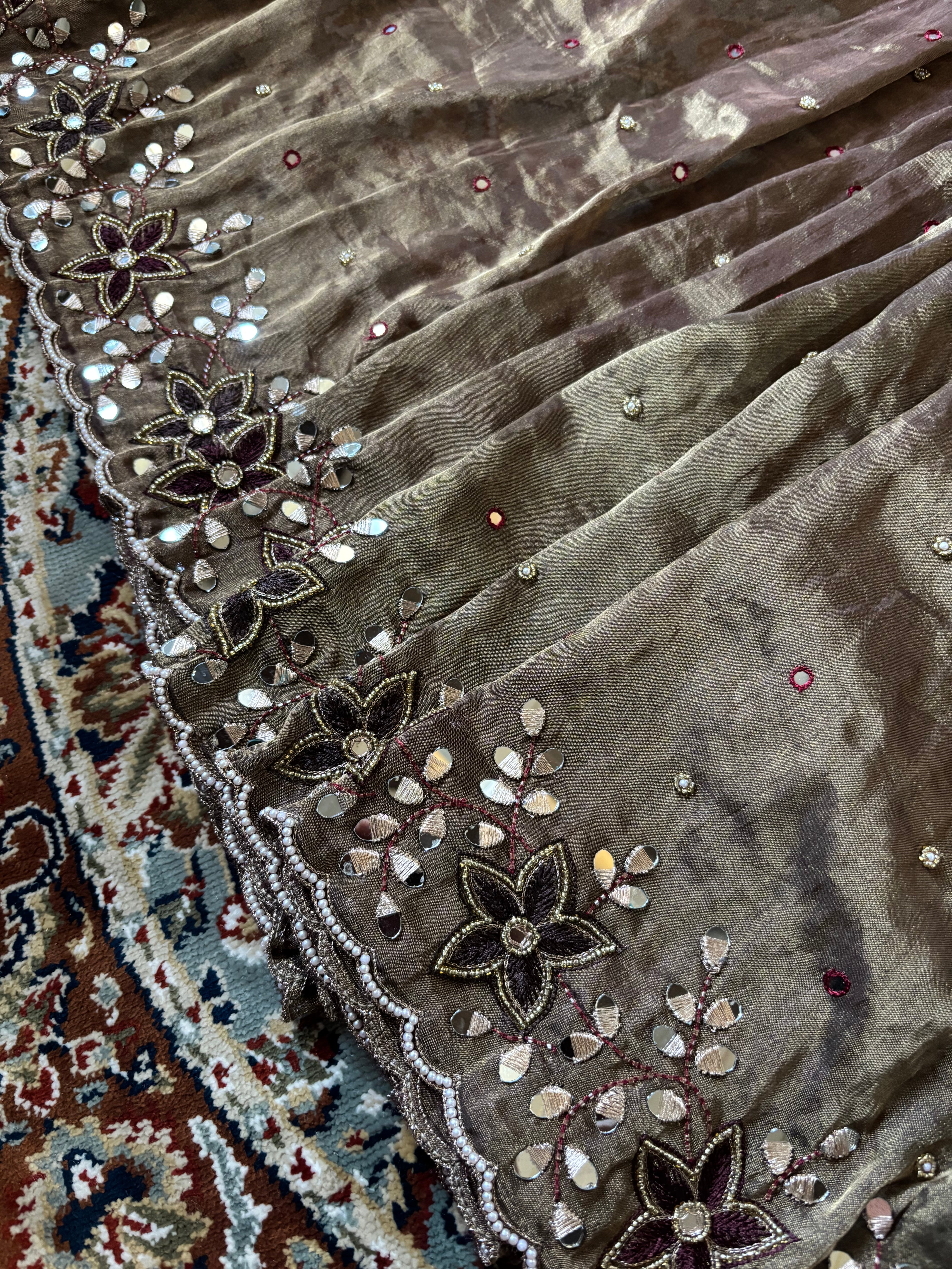 Sheesha aur moti - Chocolate brown mirrorwork and pearlwork hand embroidered saree