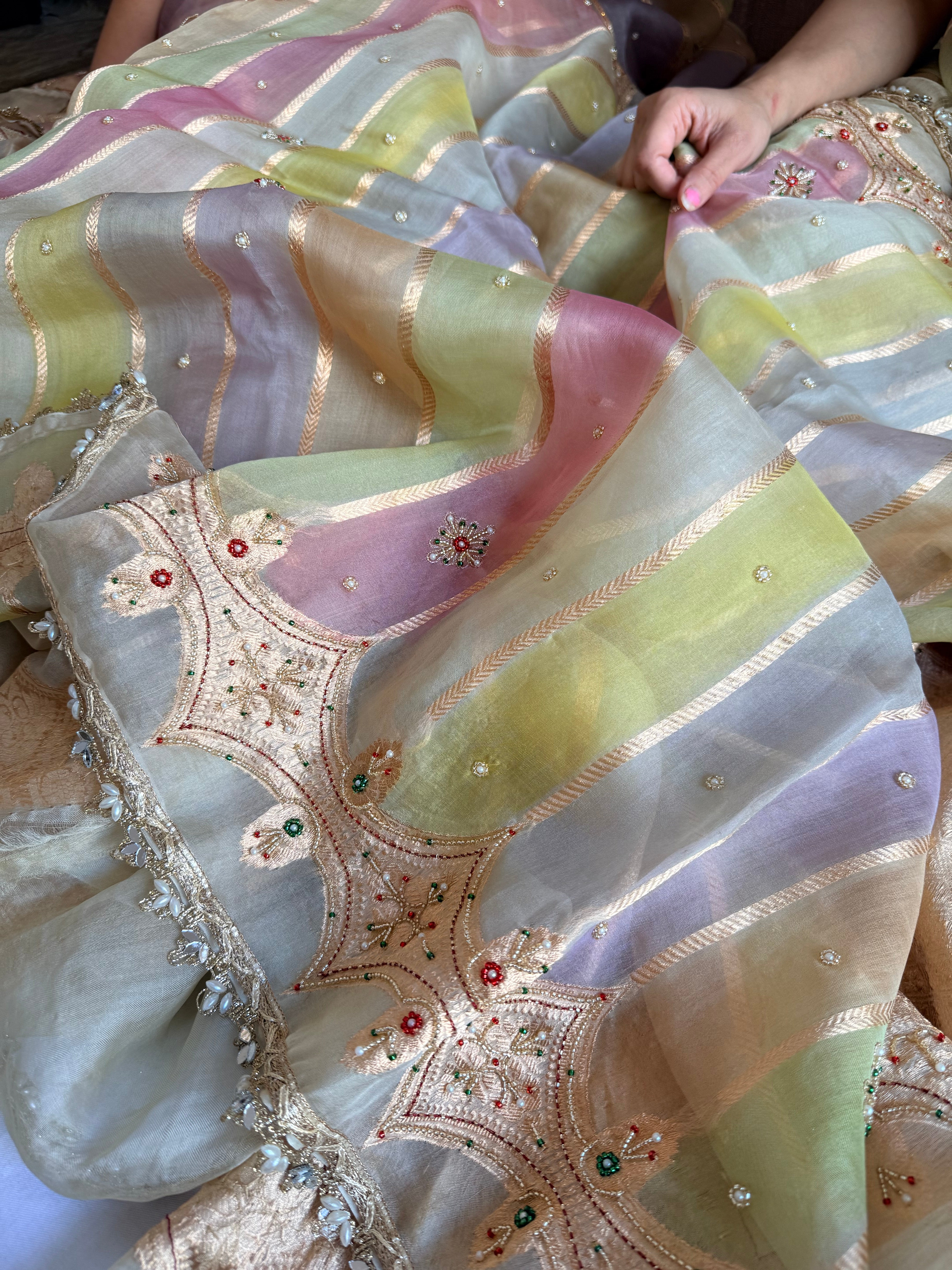 Rang birangi edit - Striped kora silk hand embroidered rangkaat saree