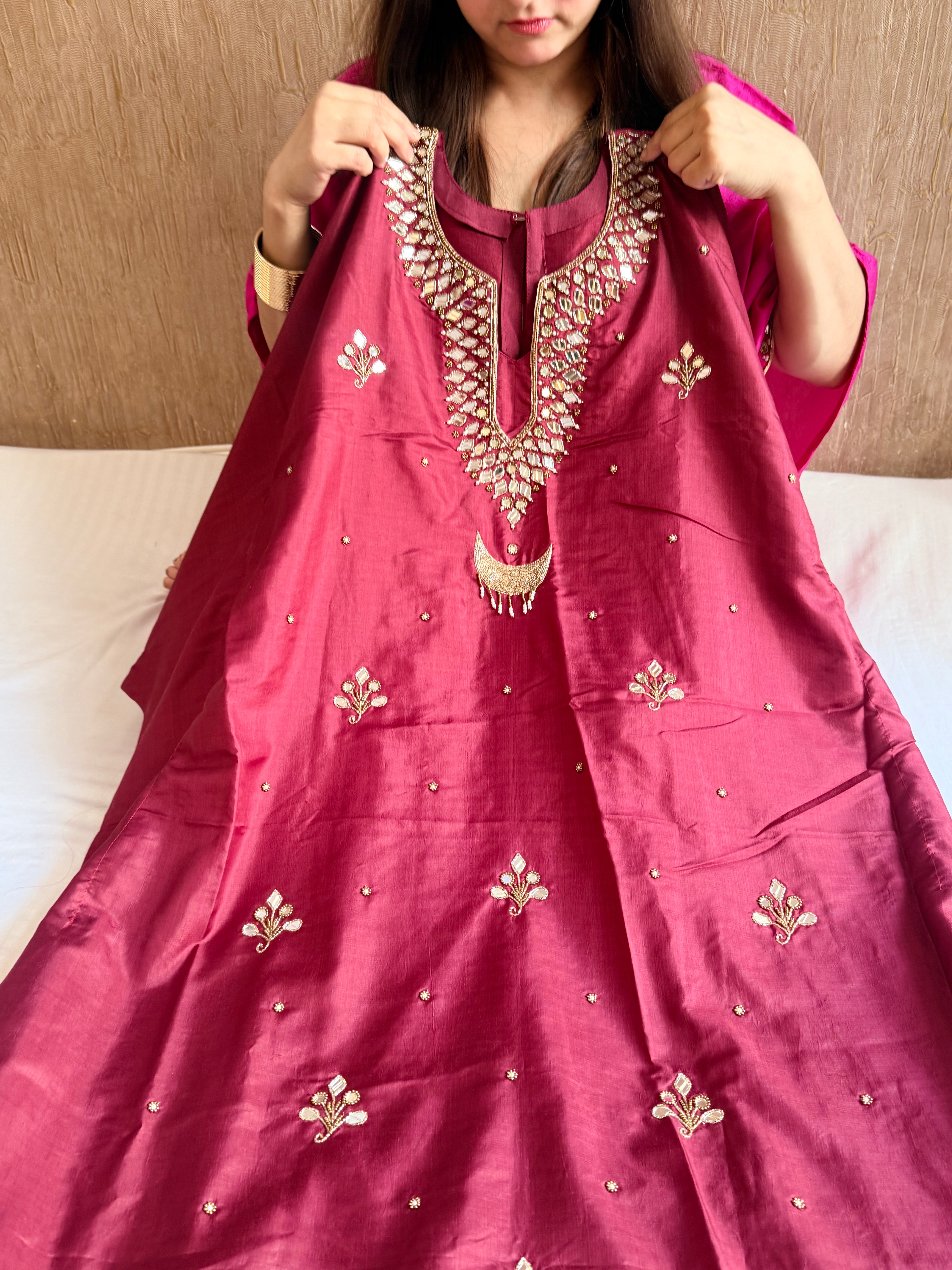 Mashru satin silk banarasi mirrorwork free size kaftan set with bottom