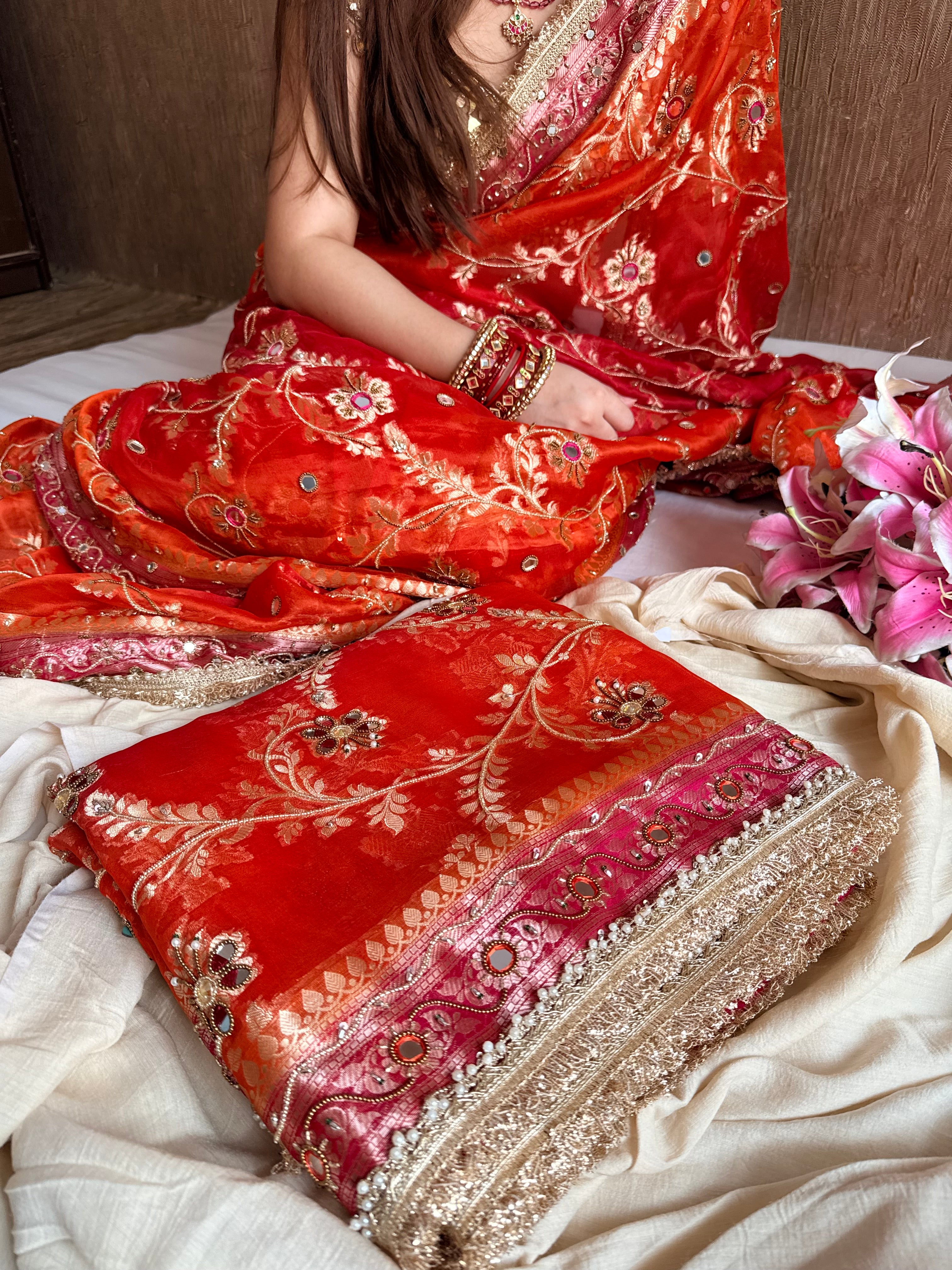 Kumkum edit jaalwork kora silk ombre shaded kadhwa saree